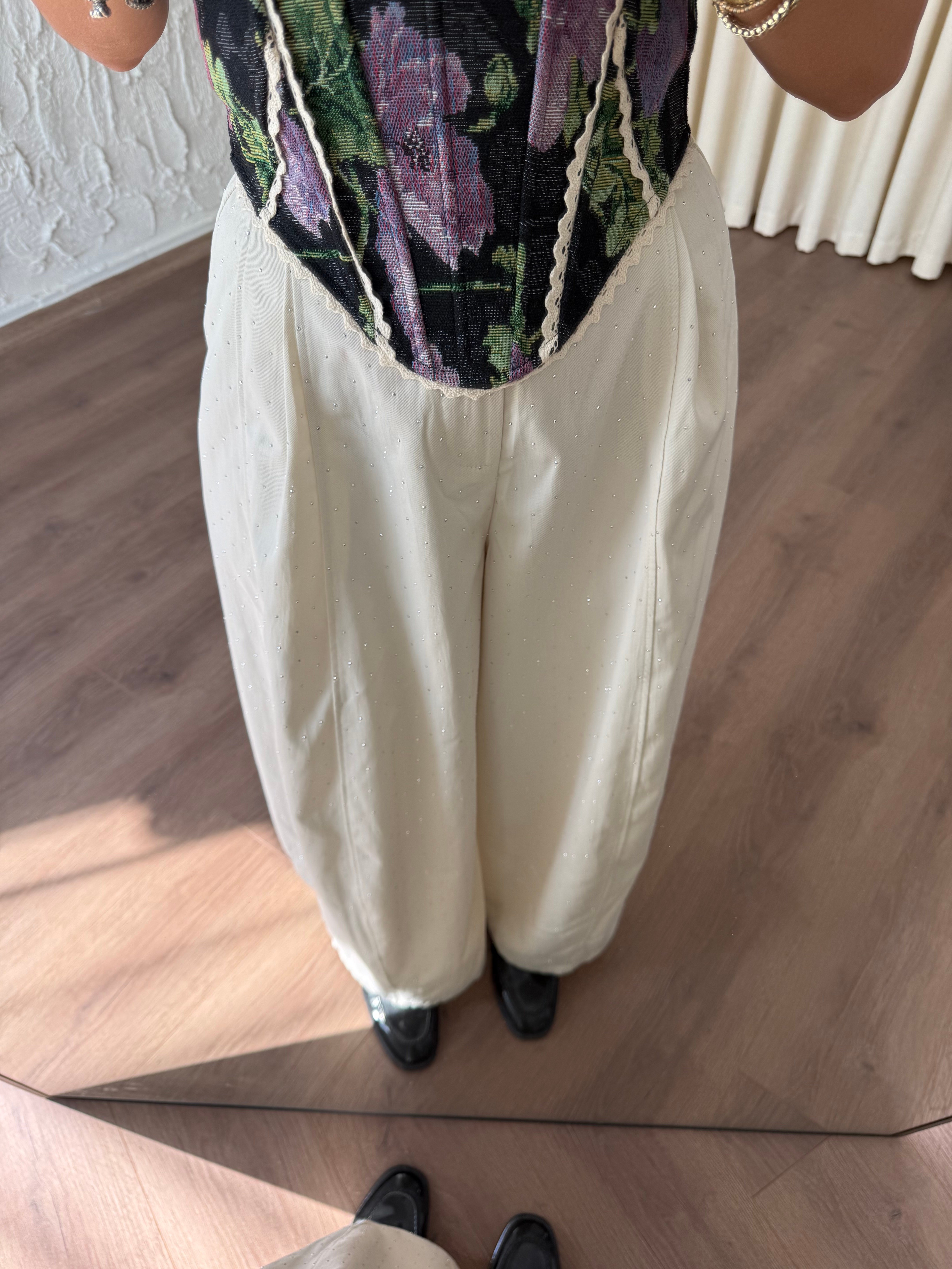 Krem Taşlı Balon Pantolon