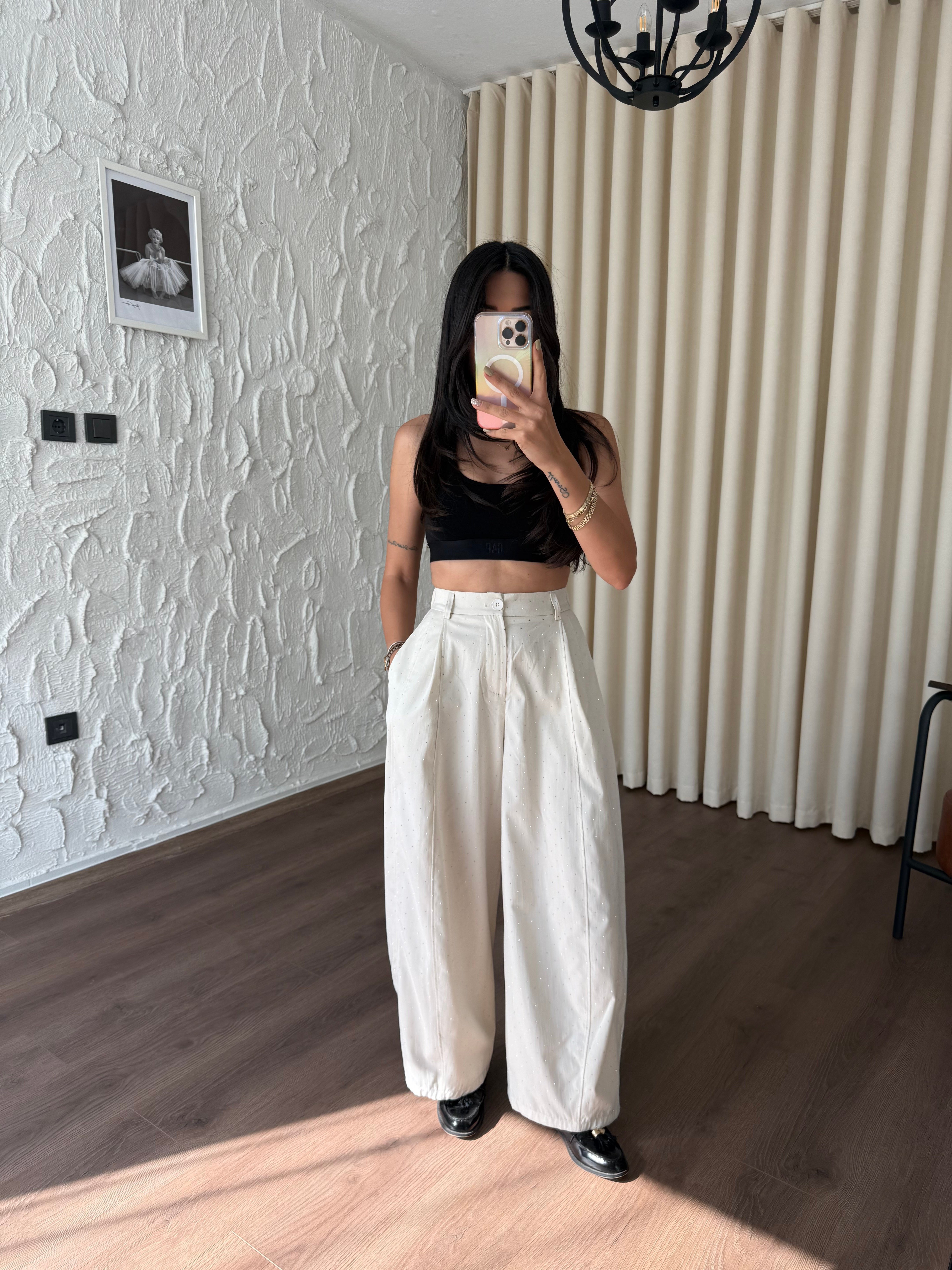 Krem Taşlı Balon Pantolon
