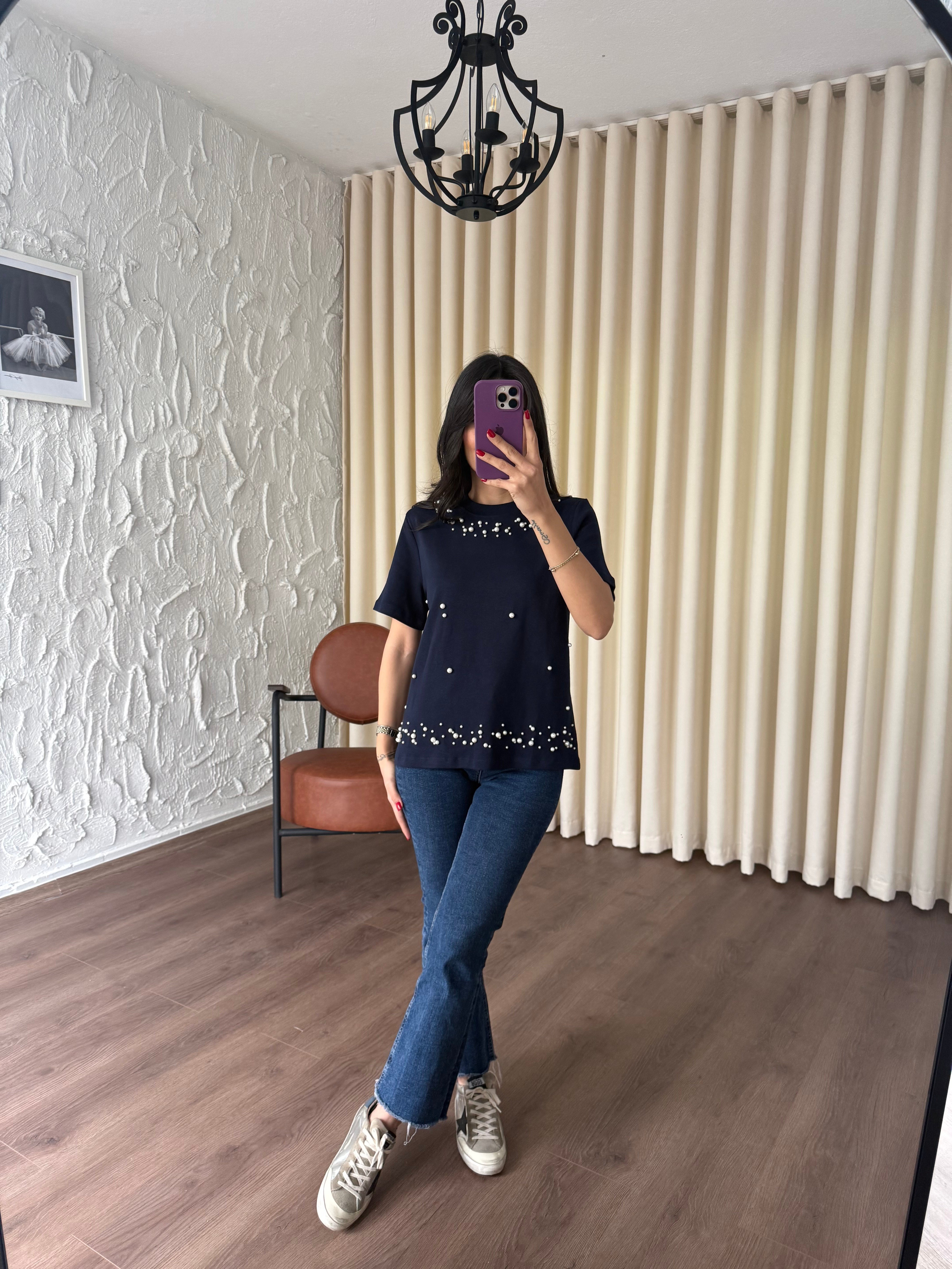 Lacivert İncili Tshirt