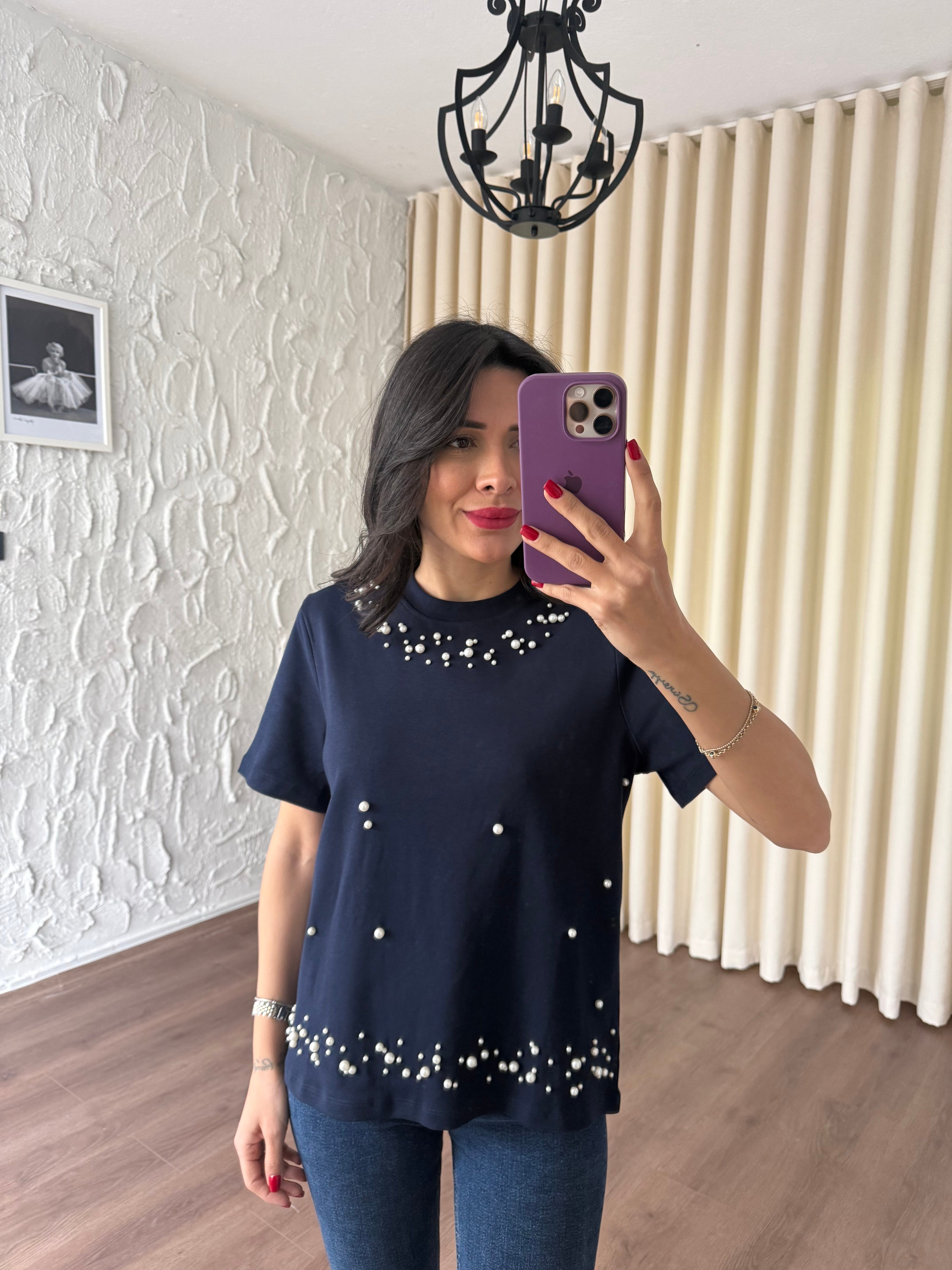 Lacivert İncili Tshirt