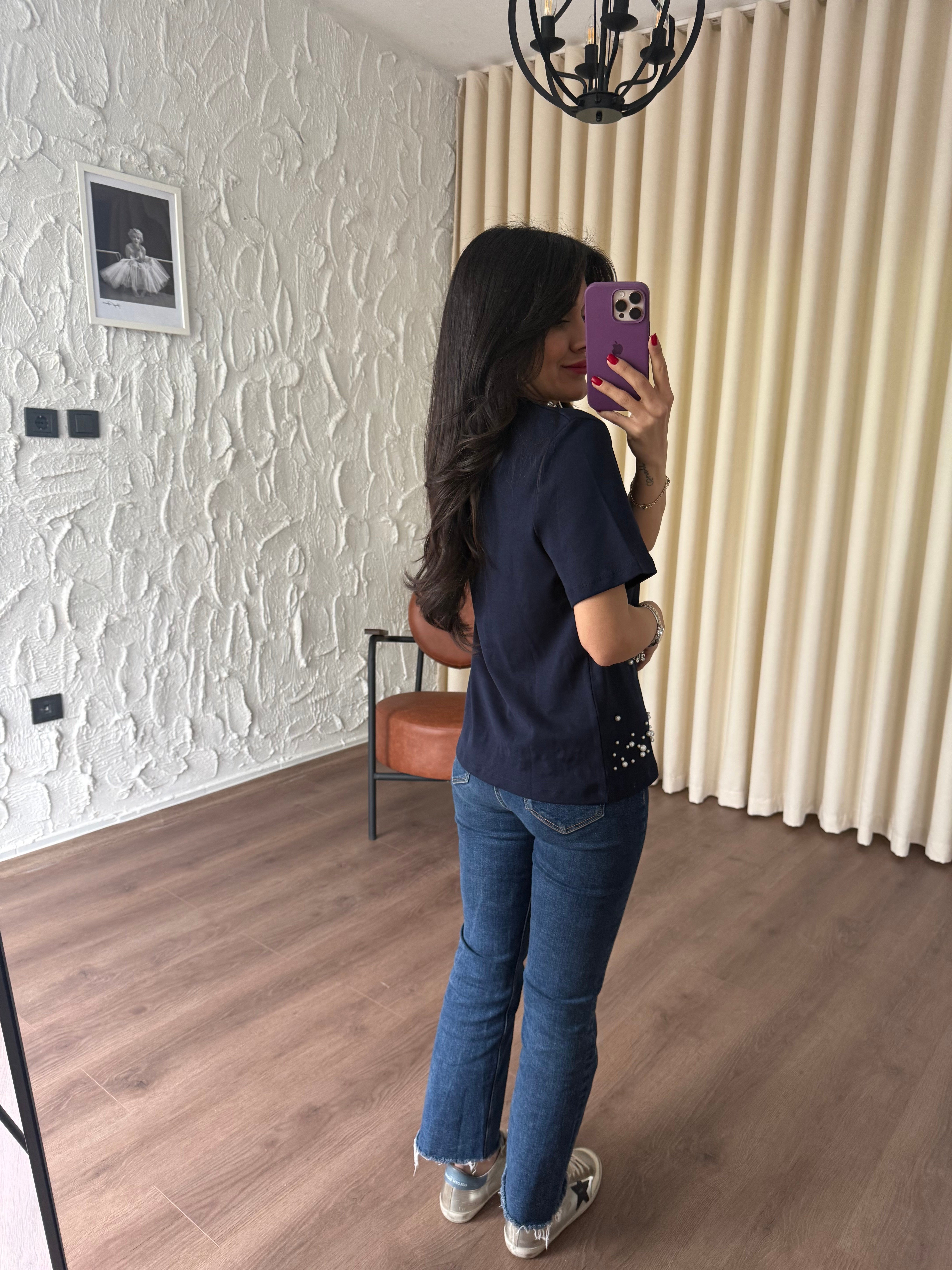 Lacivert İncili Tshirt