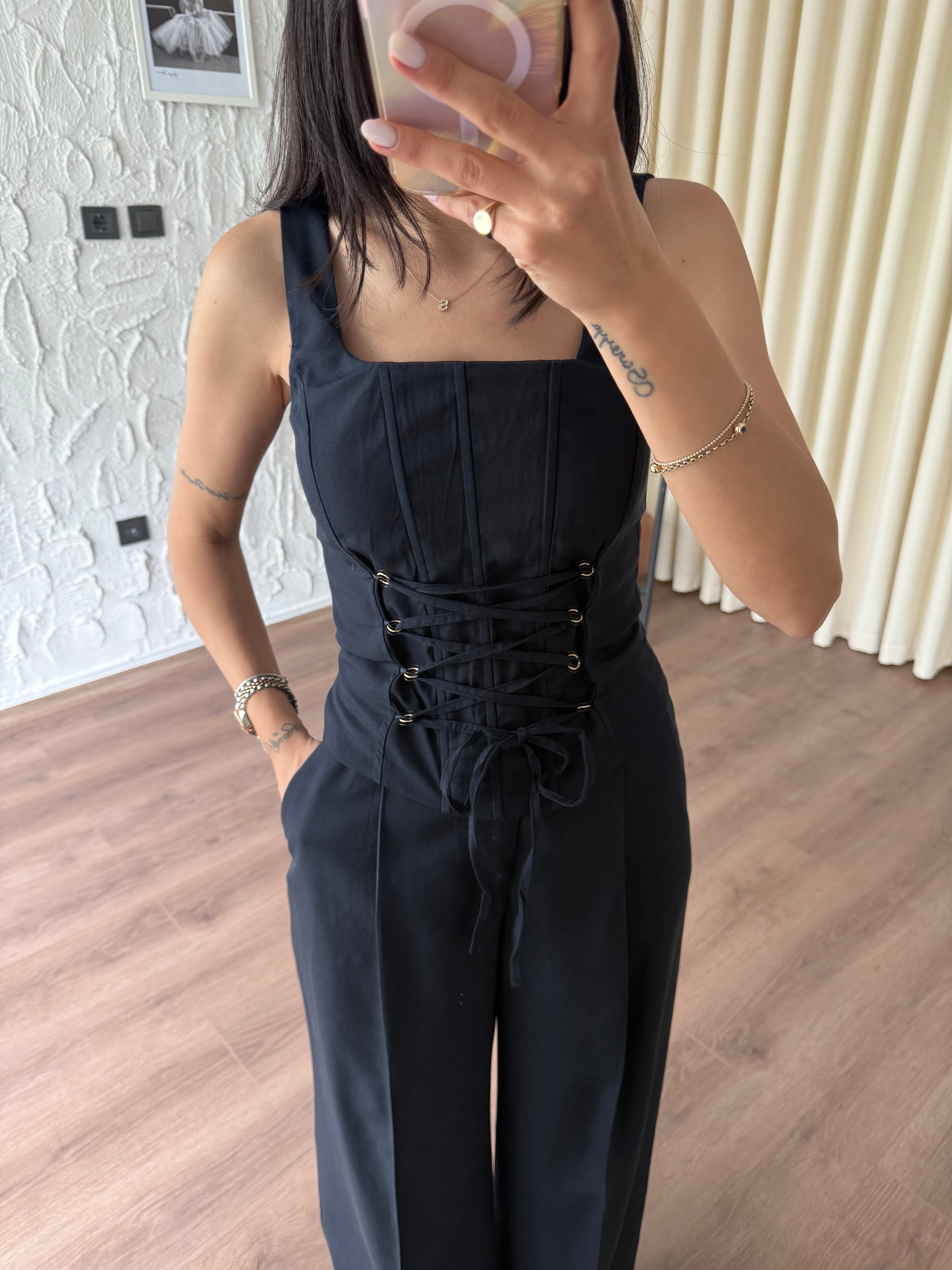 Lacivert Önden Bağlamalı Korse Bluz Pantolon Takım 