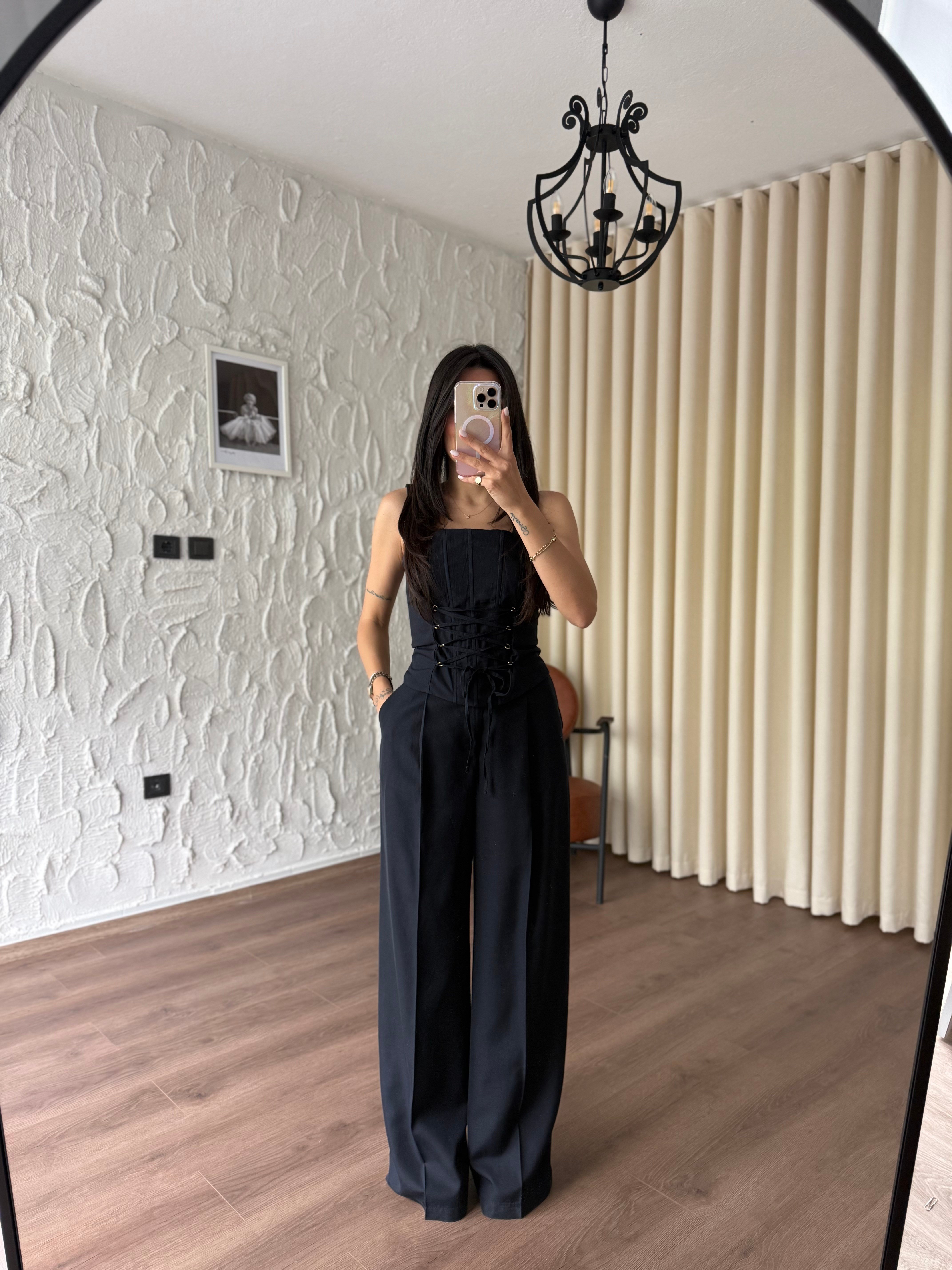 Lacivert Önden Bağlamalı Korse Bluz Pantolon Takım 