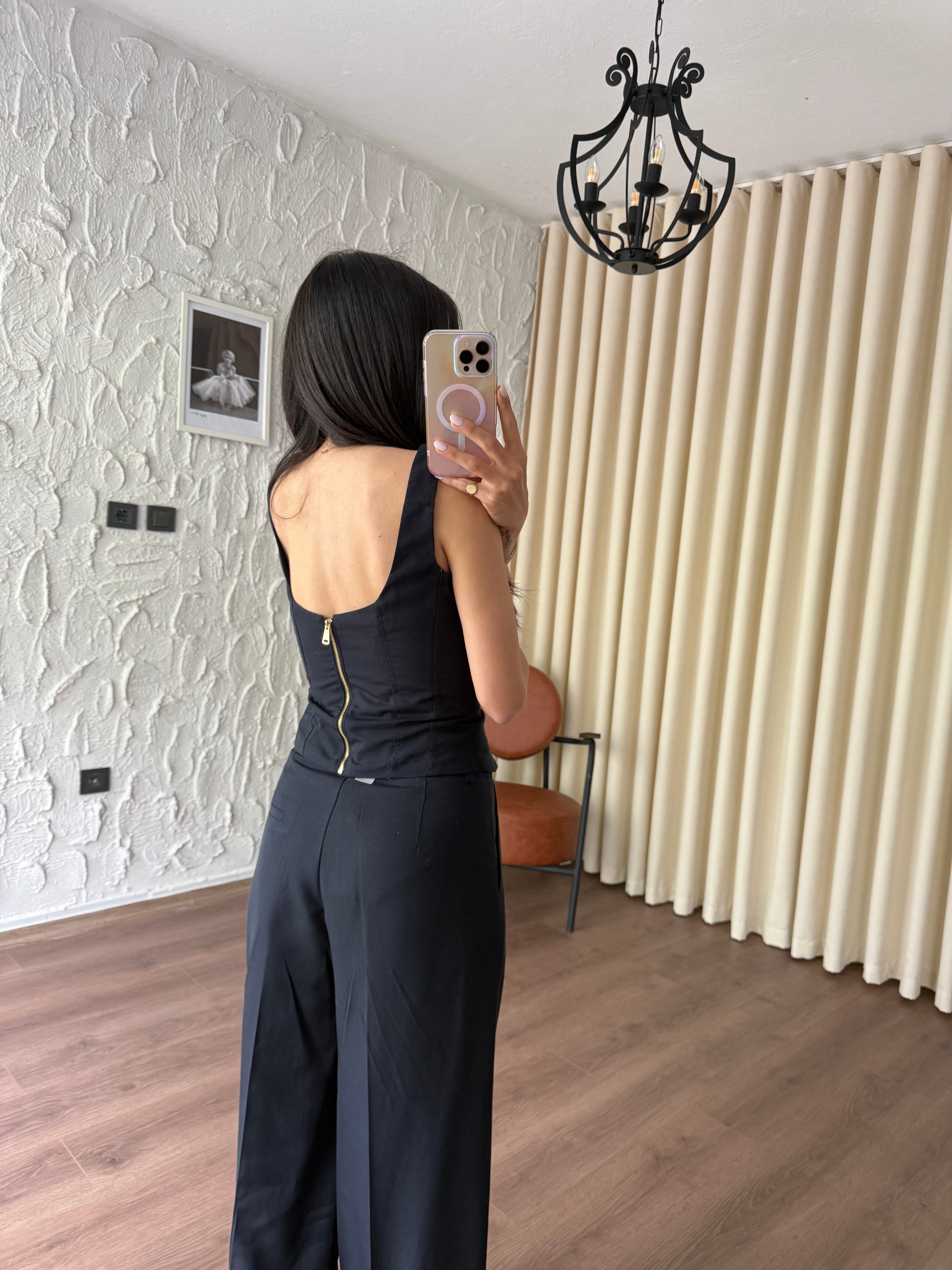Lacivert Önden Bağlamalı Korse Bluz Pantolon Takım 