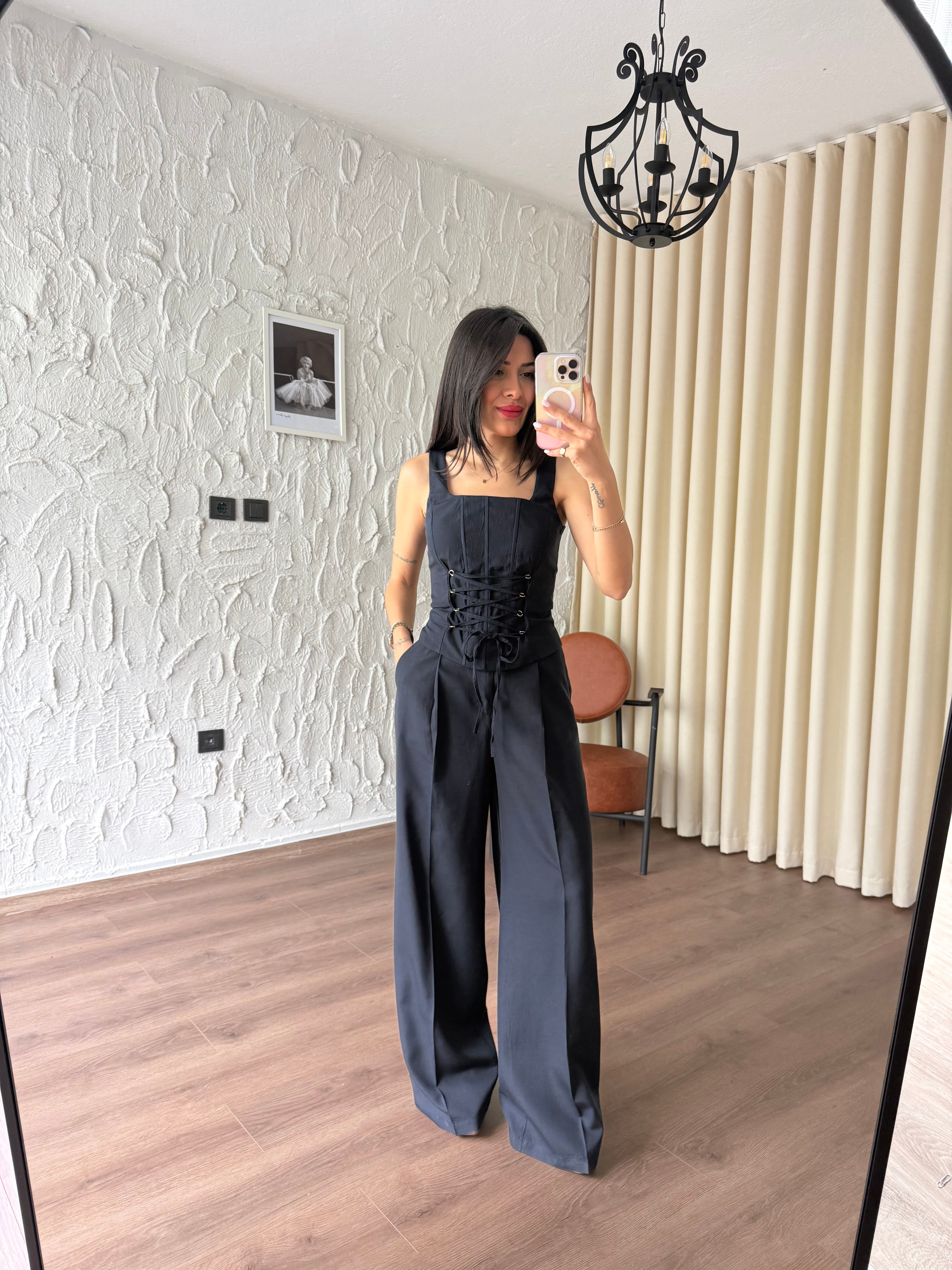 Lacivert Önden Bağlamalı Korse Bluz Pantolon Takım 