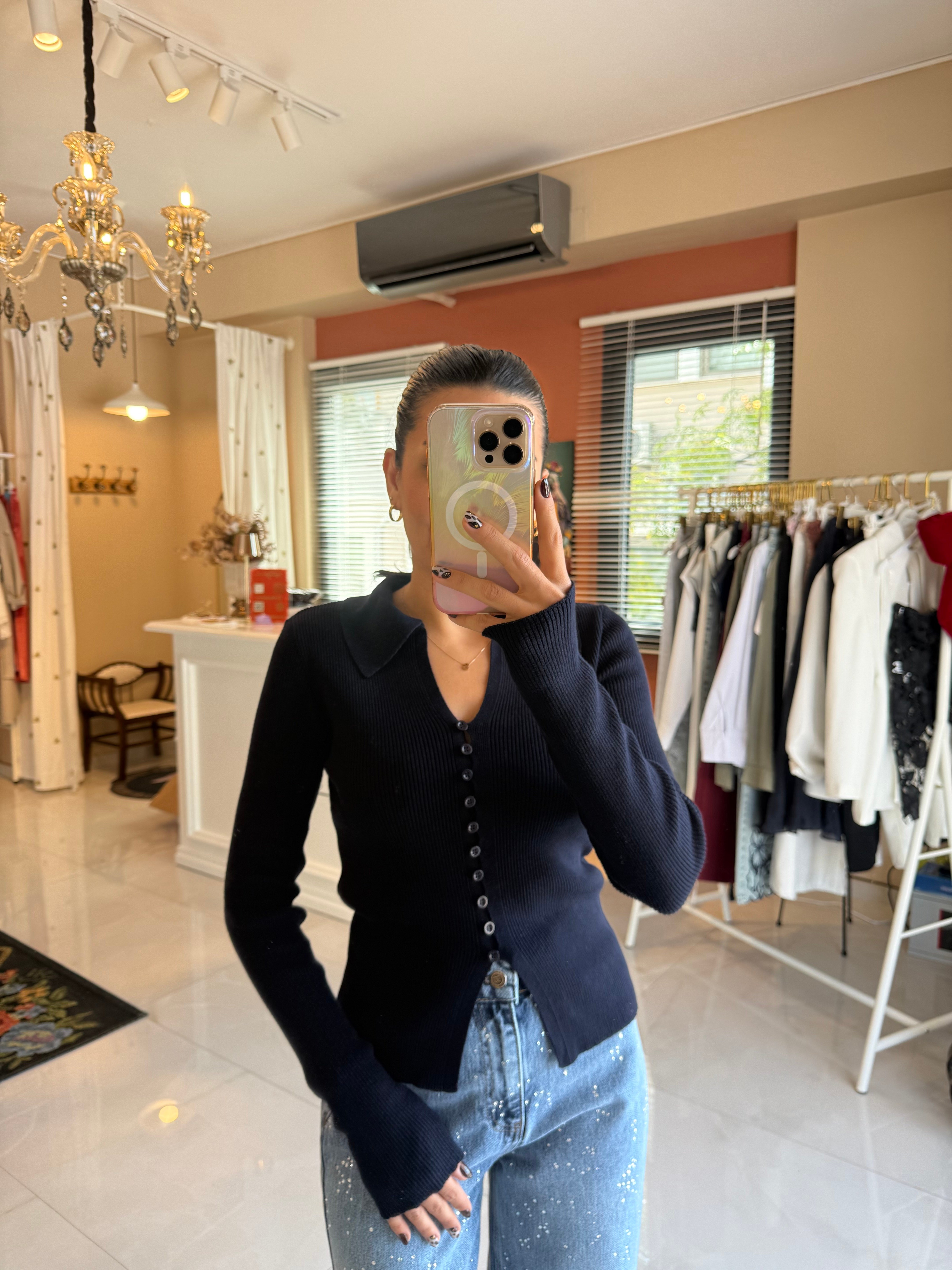 Lacivert Polo Yaka Düğmeli Triko