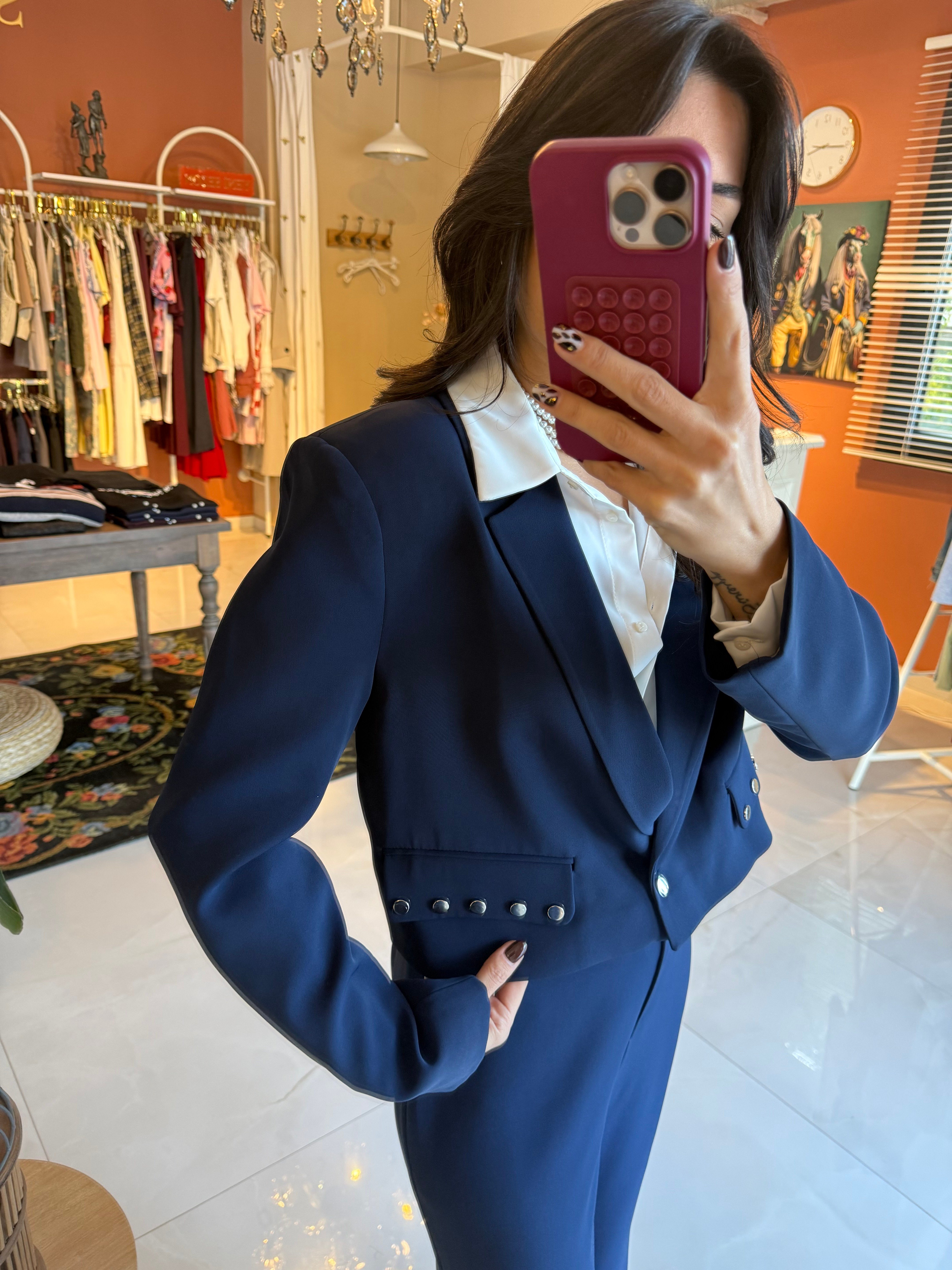Lacivert Trok Detaylı Ceket