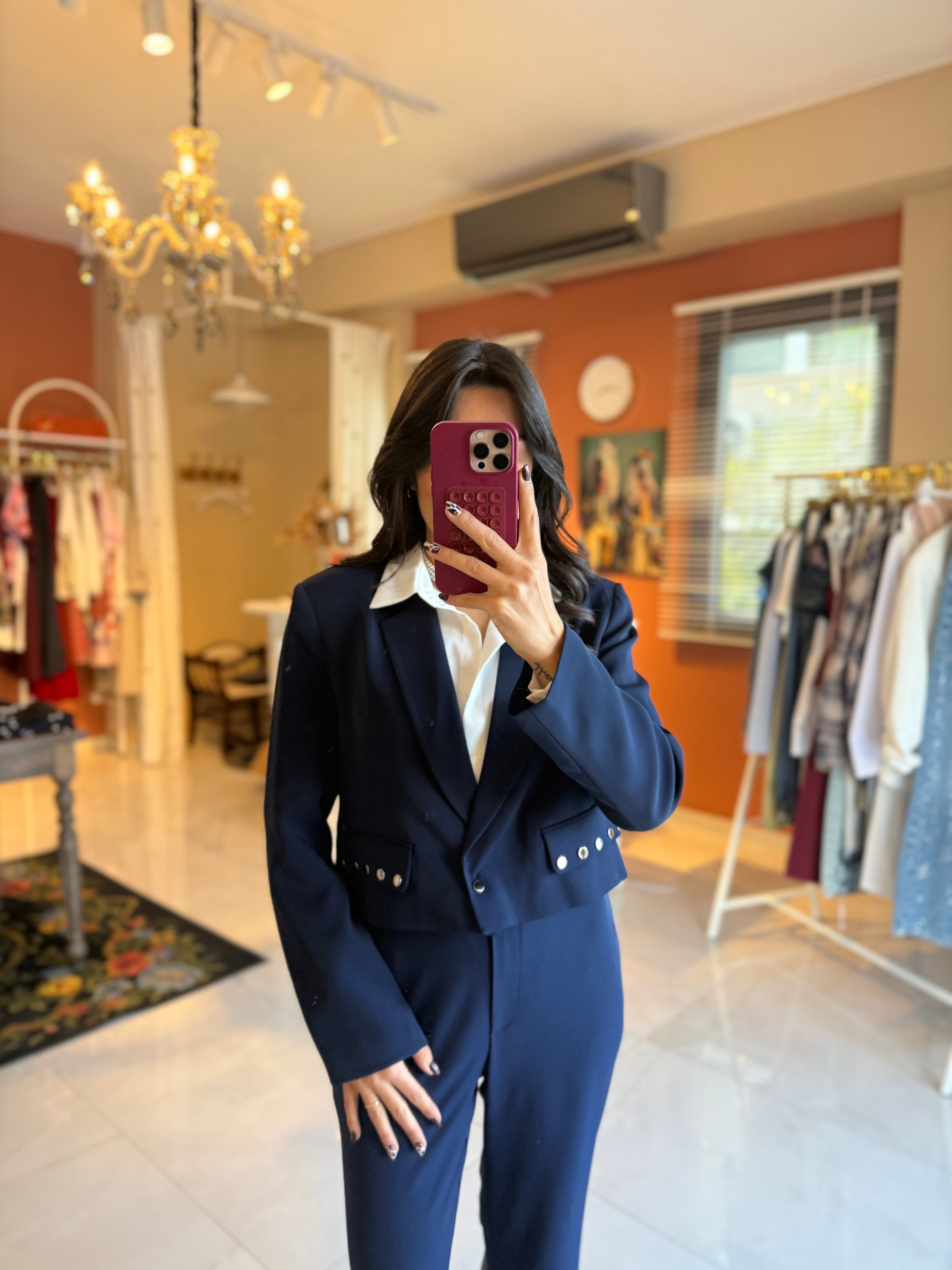 Lacivert Trok Detaylı Ceket