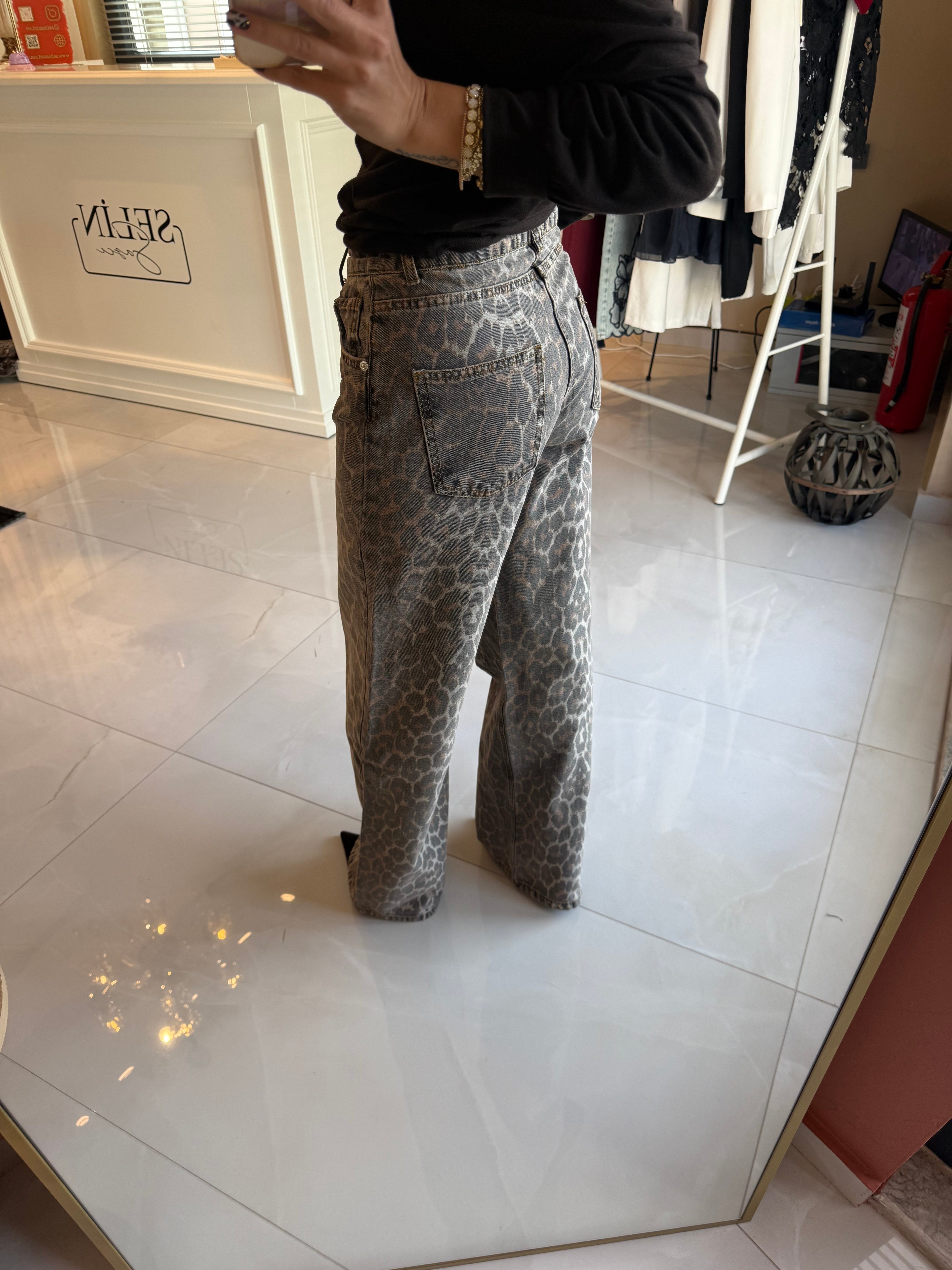 Leopar Desen Denim Kot Pantolon