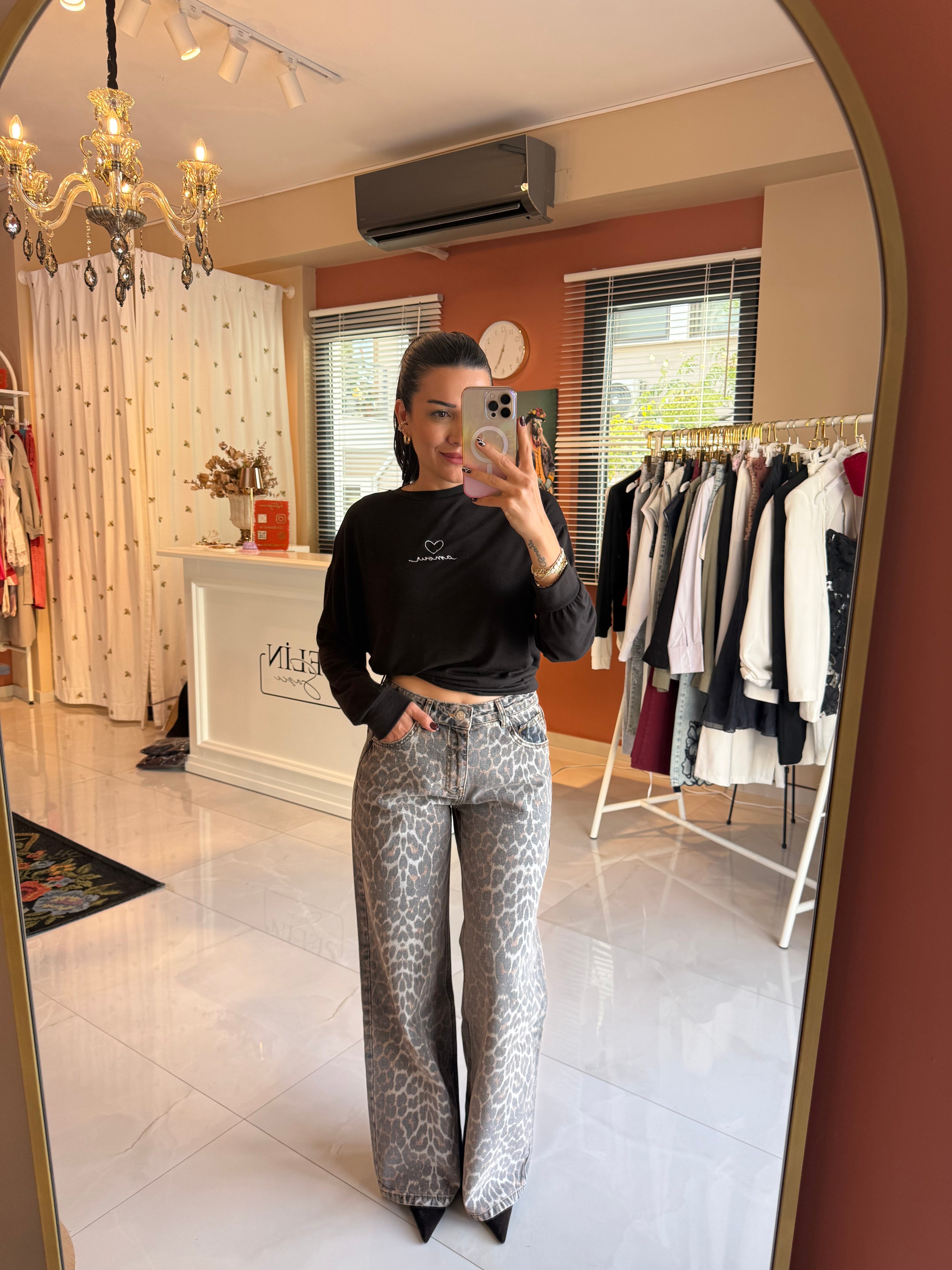 Leopar Desen Denim Kot Pantolon