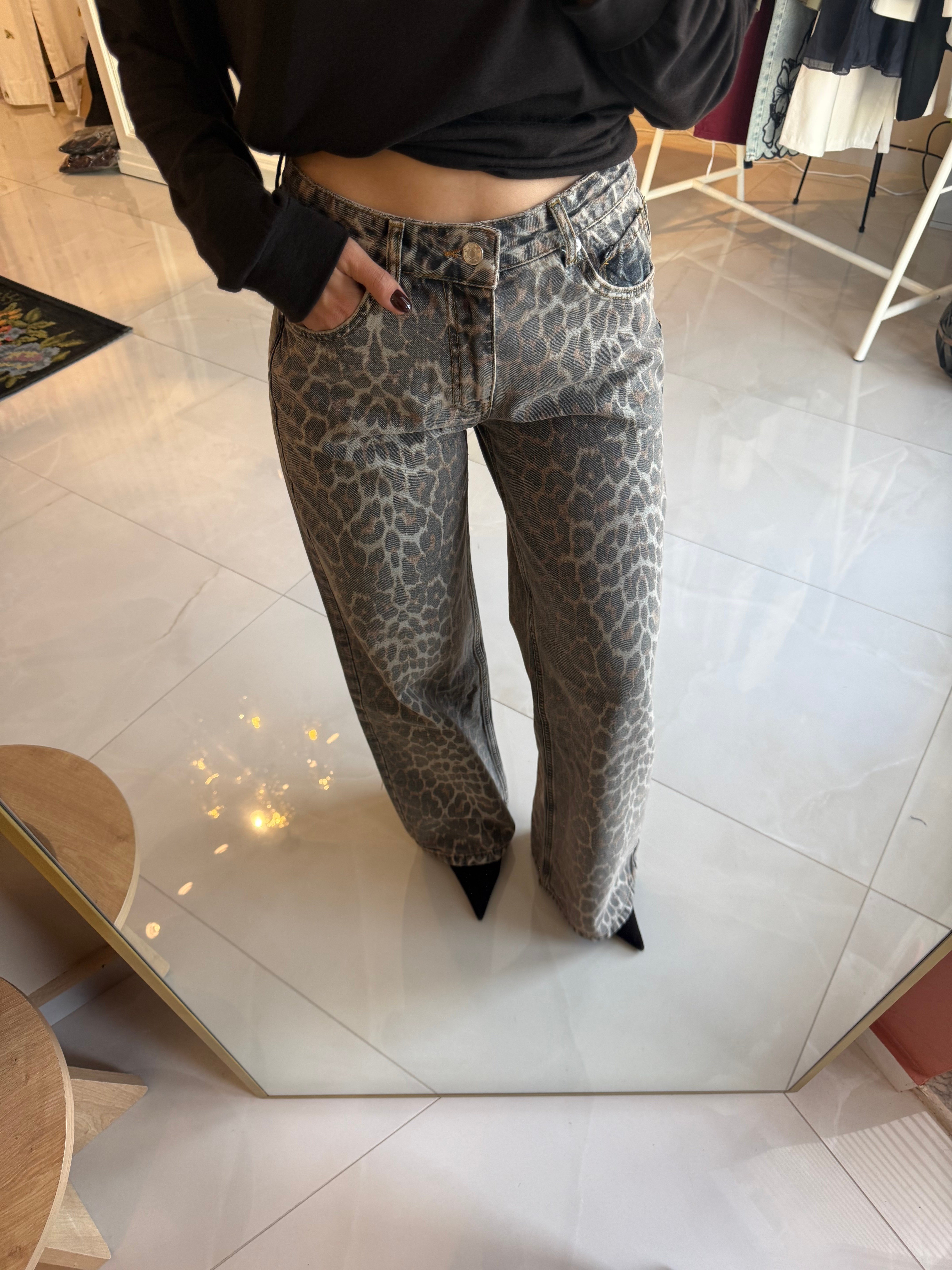 Leopar Desen Denim Kot Pantolon