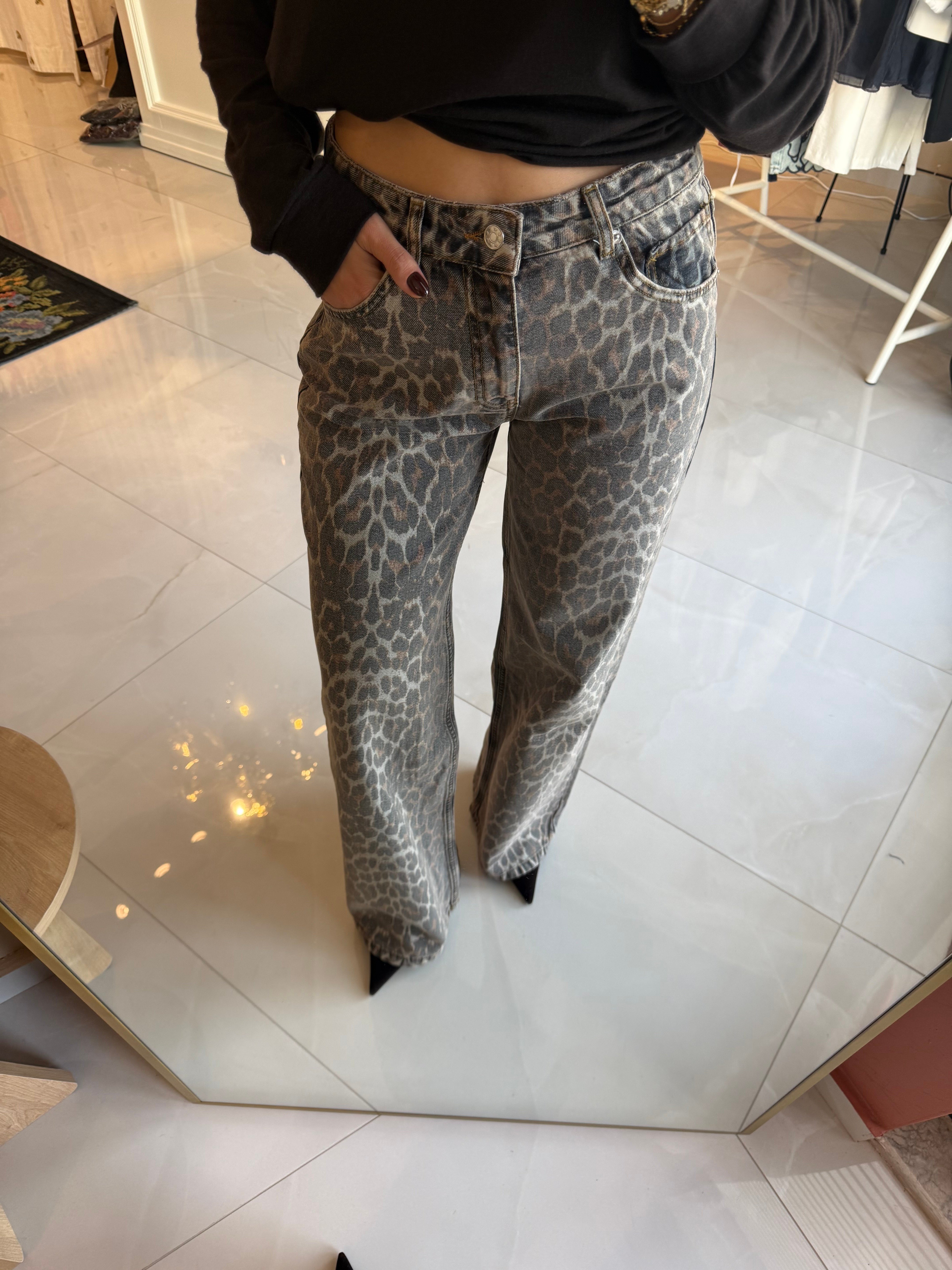 Leopar Desen Denim Kot Pantolon