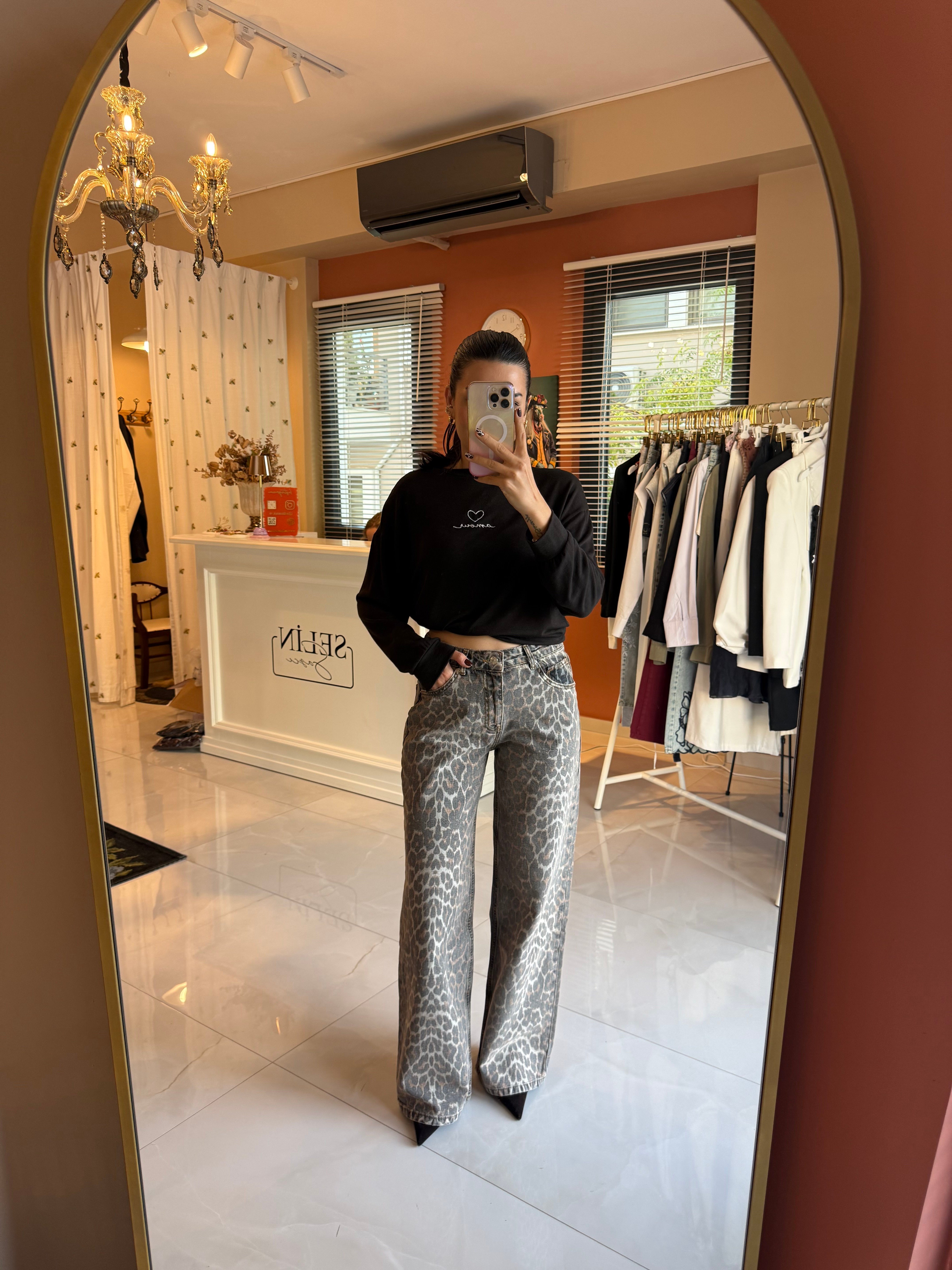 Leopar Desen Denim Kot Pantolon