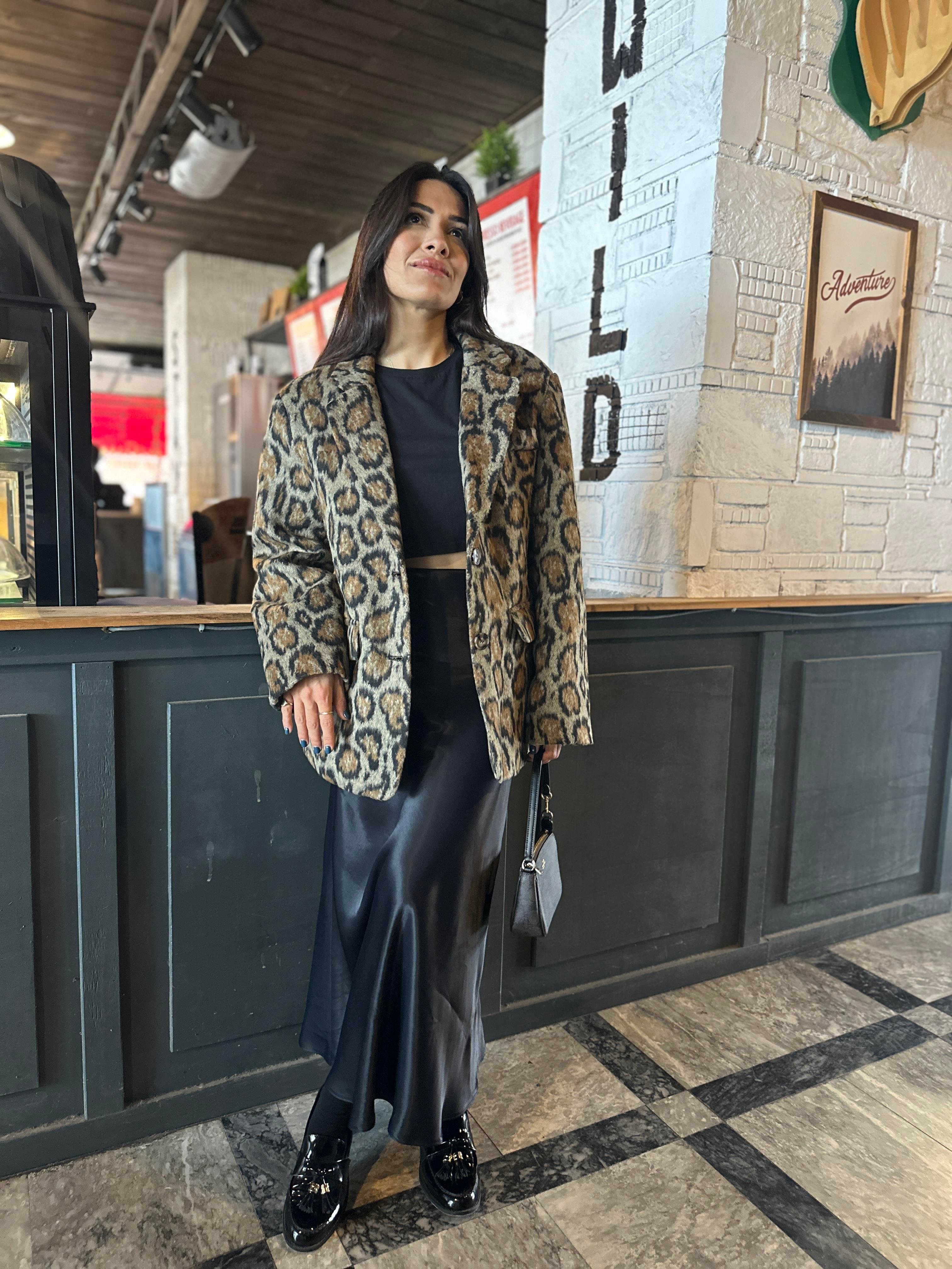 Leopar Desenli Oversize Ceket Blazer
