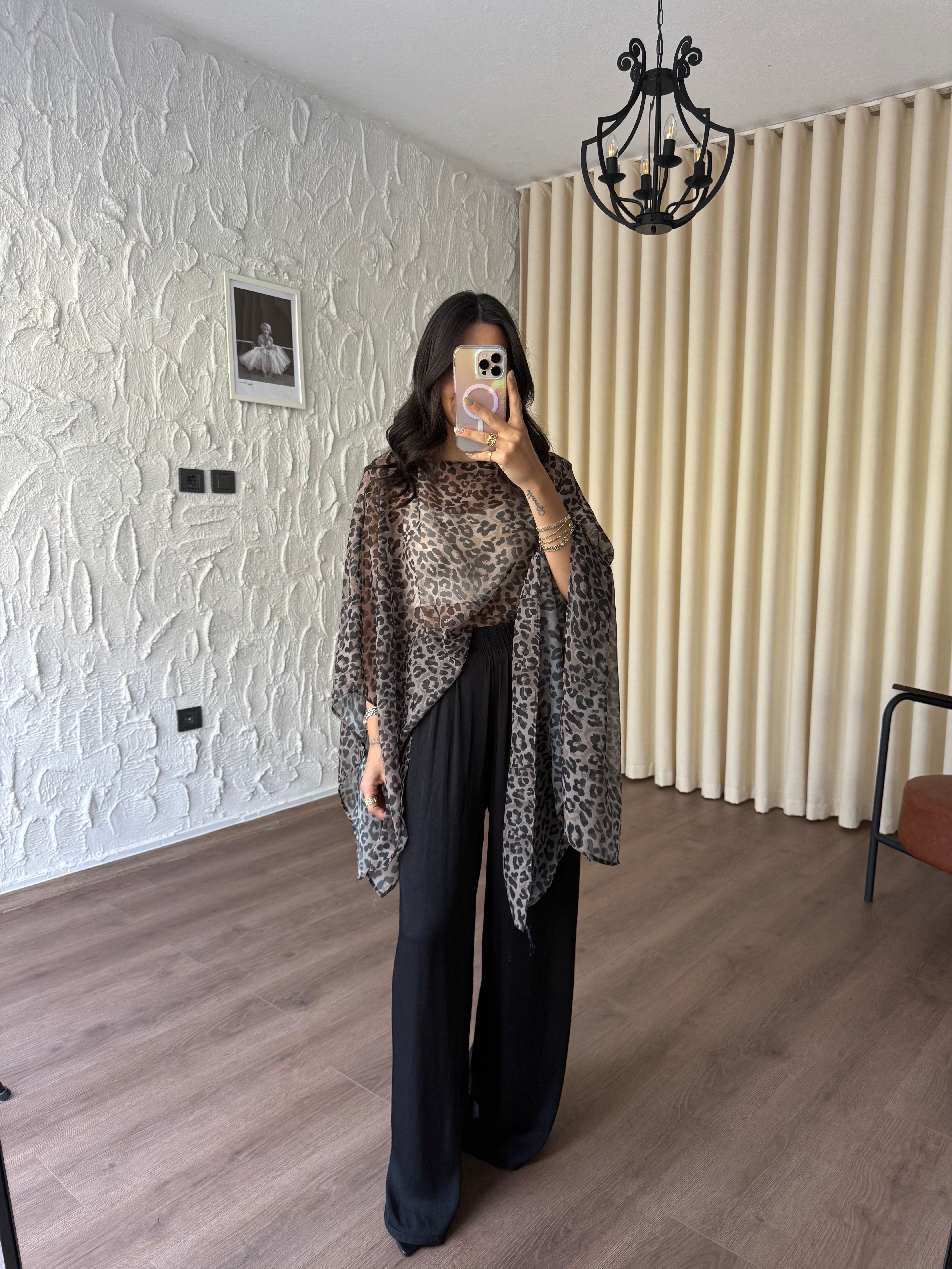 Leopar Desenli Pelerin Bluz