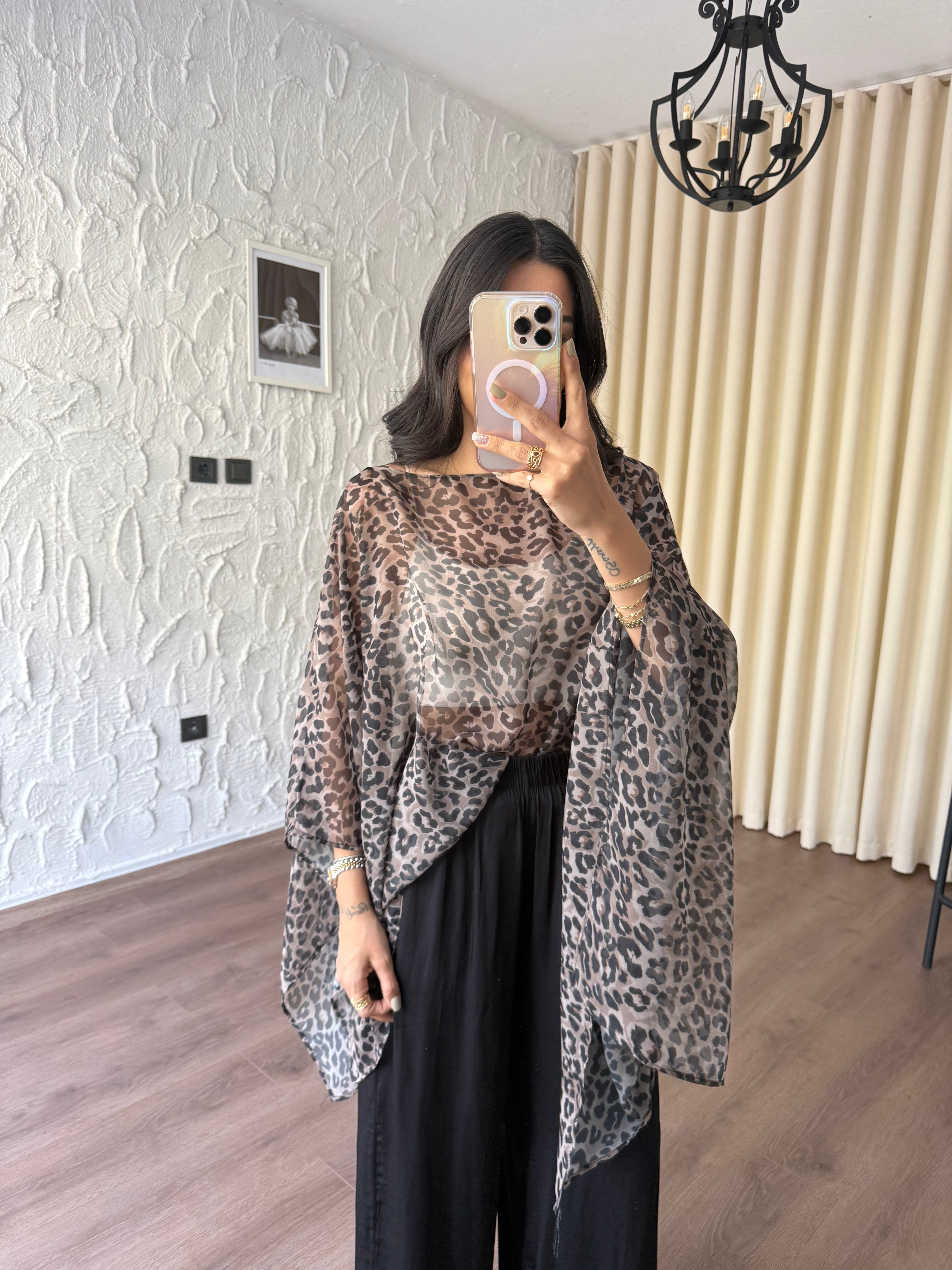 Leopar Desenli Pelerin Bluz
