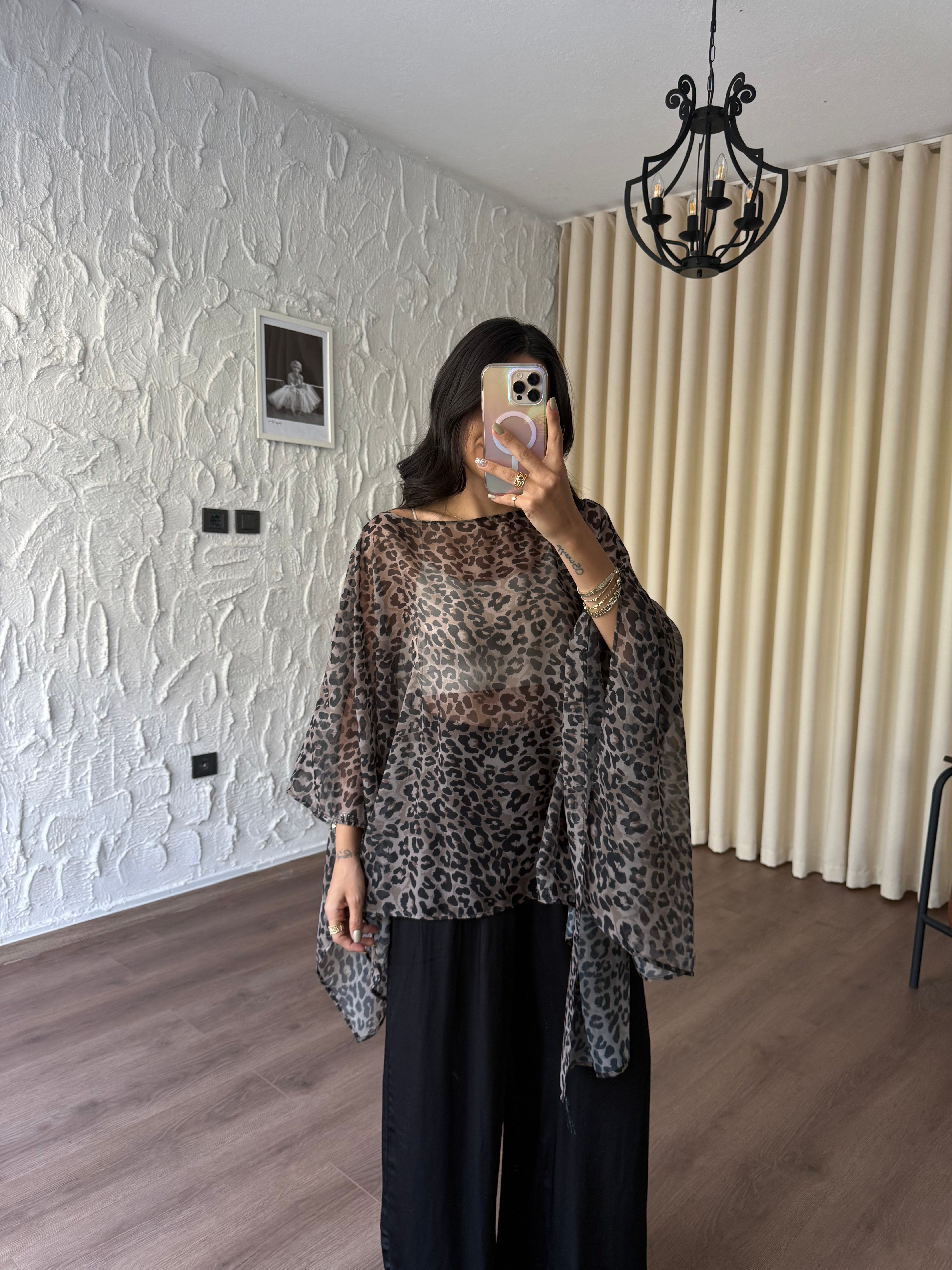 Leopar Desenli Pelerin Bluz