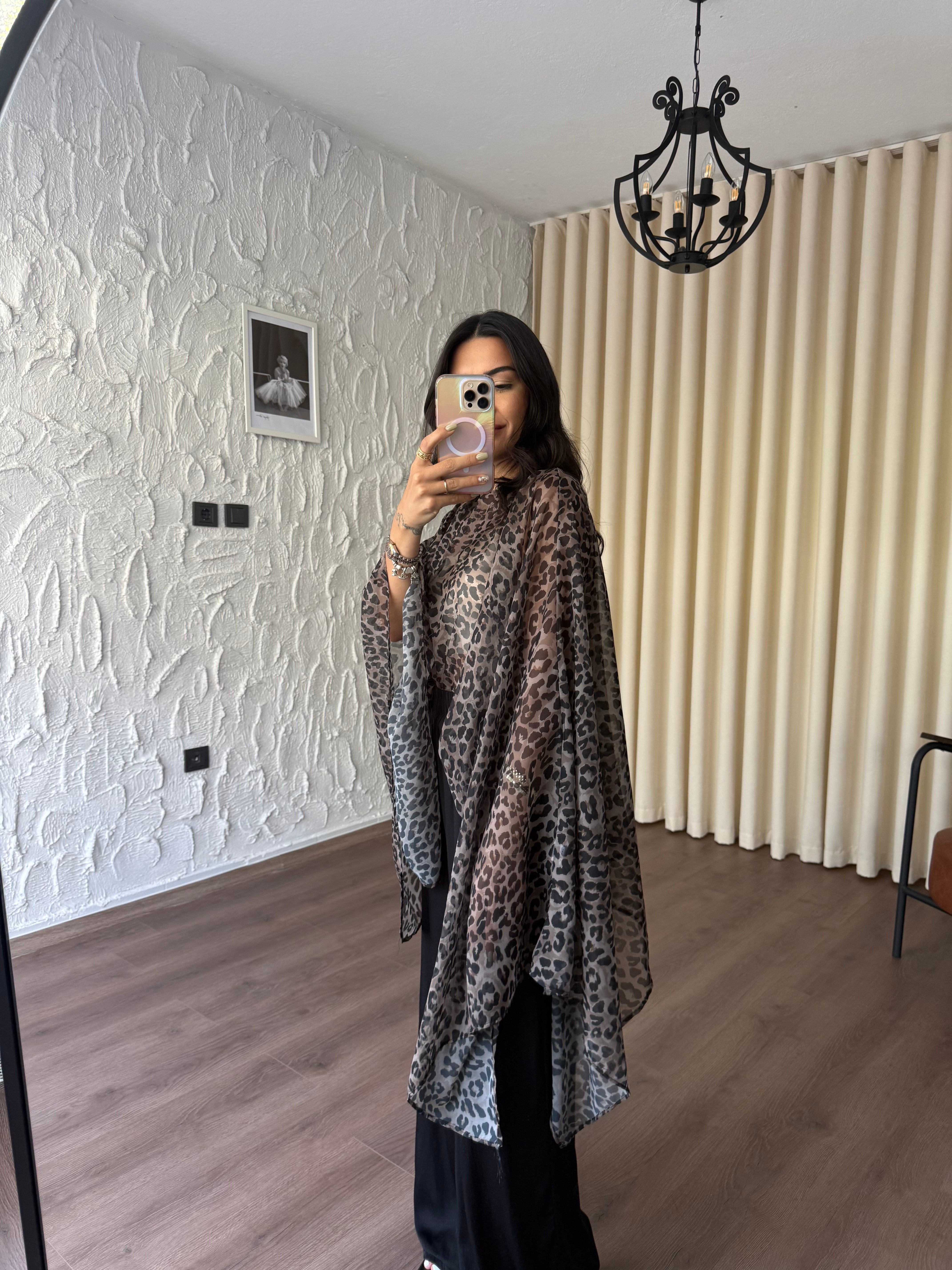 Leopar Desenli Pelerin Bluz