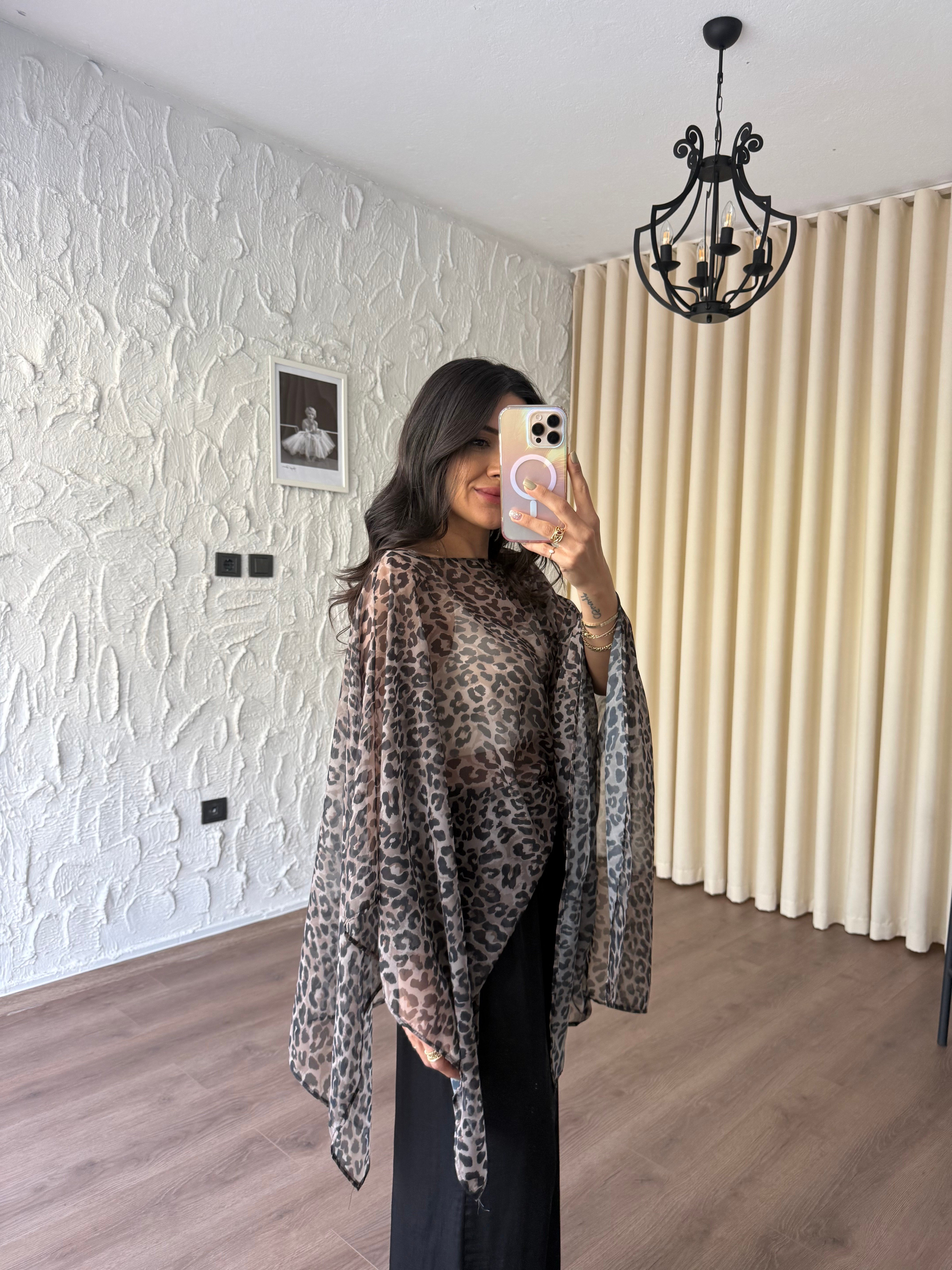 Leopar Desenli Pelerin Bluz