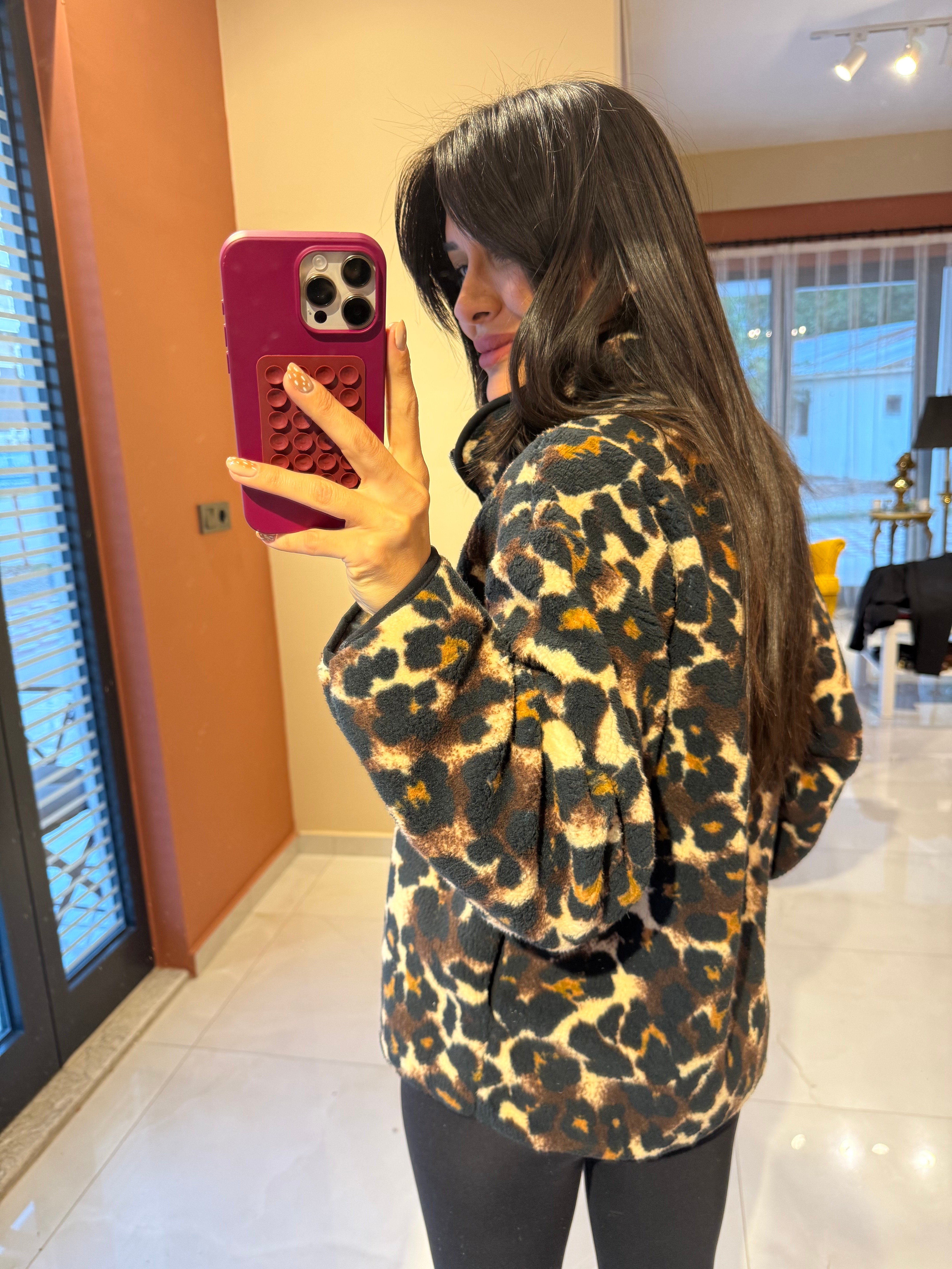 Leopar Desenli Polar Ceket