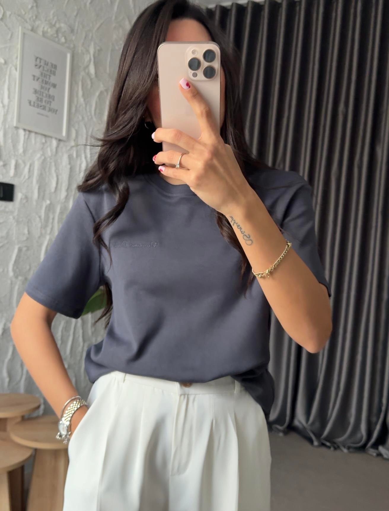 Logo İşlemeli Antrasit Basic Tshirt