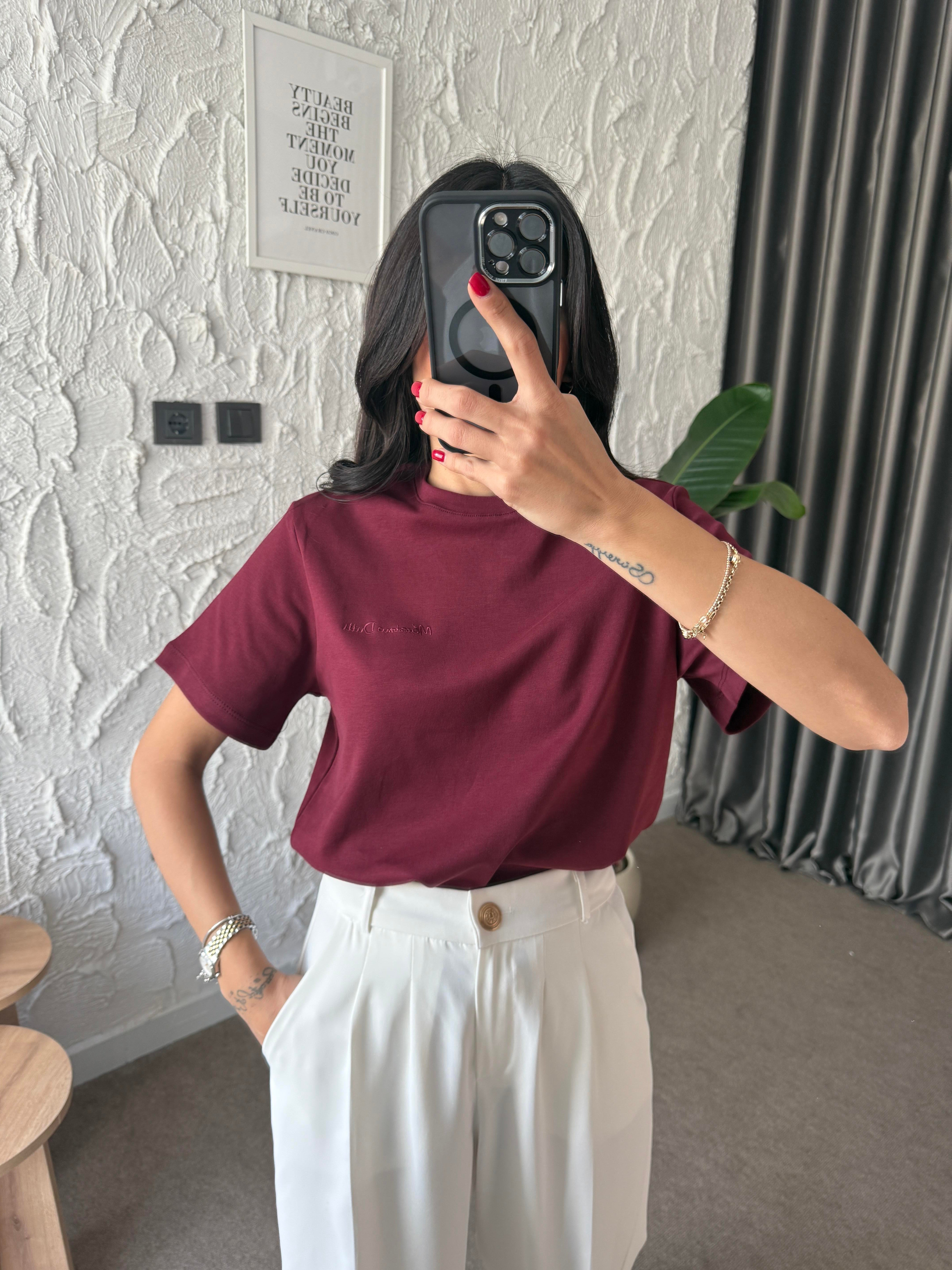 Logo İşlemeli Bordo Basic Tshirt
