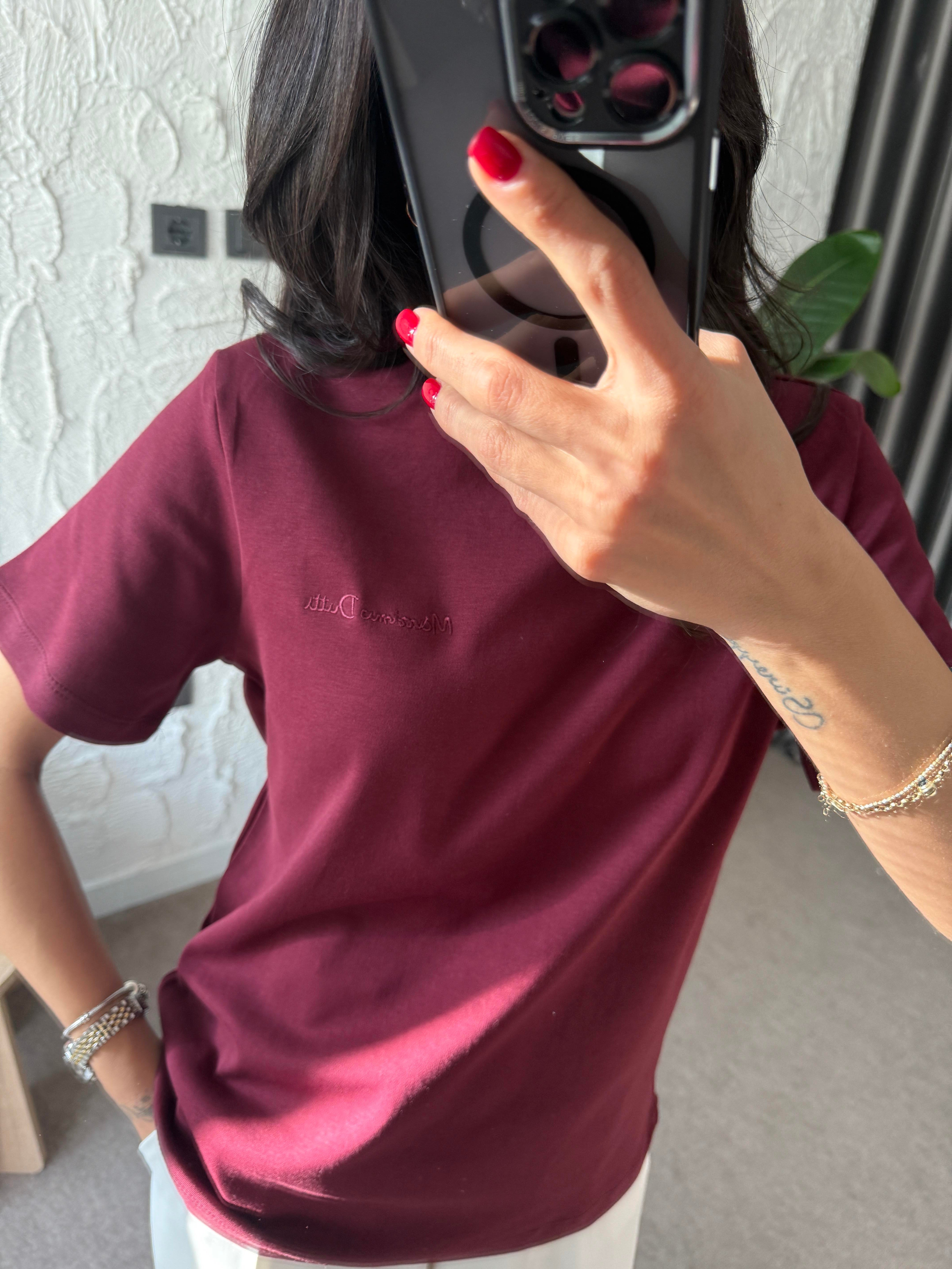 Logo İşlemeli Bordo Basic Tshirt