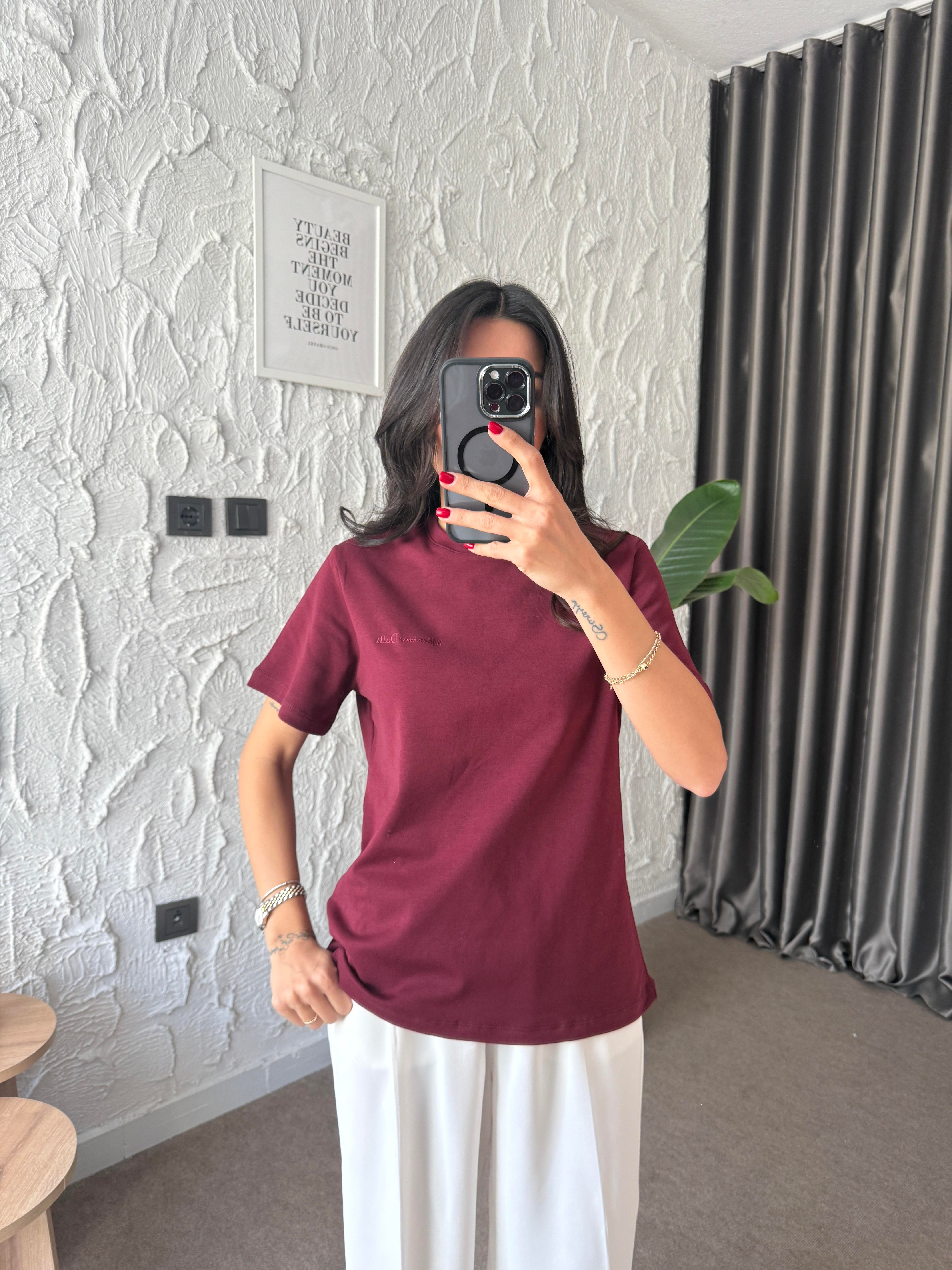Logo İşlemeli Bordo Basic Tshirt
