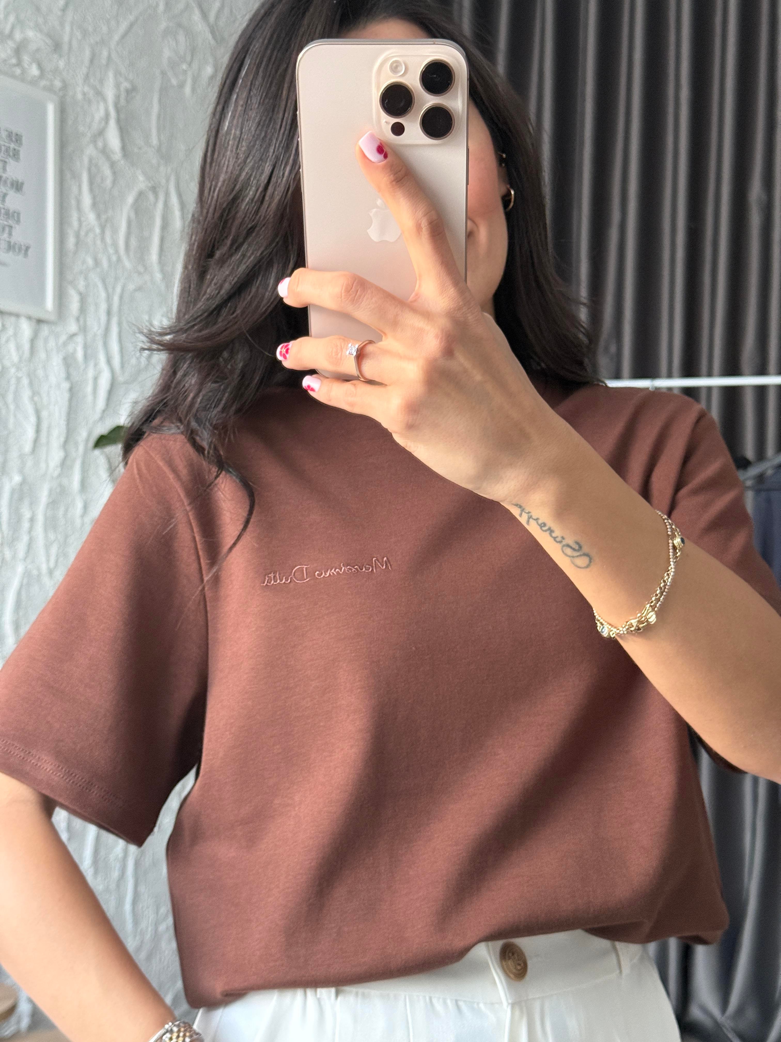 Logo İşlemeli Kahverengi Basic Tshirt