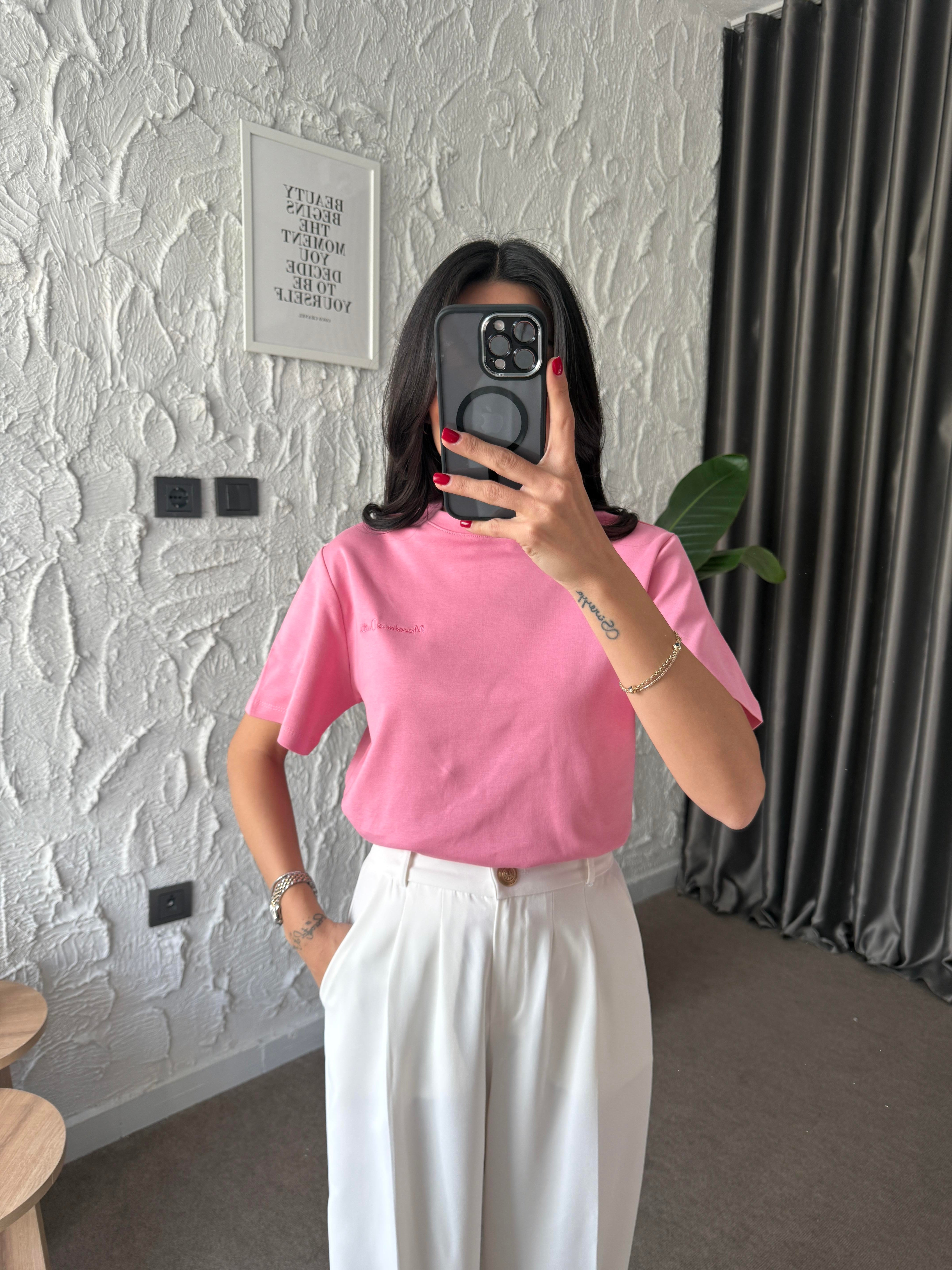 Logo İşlemeli Pembe Basic Tshirt