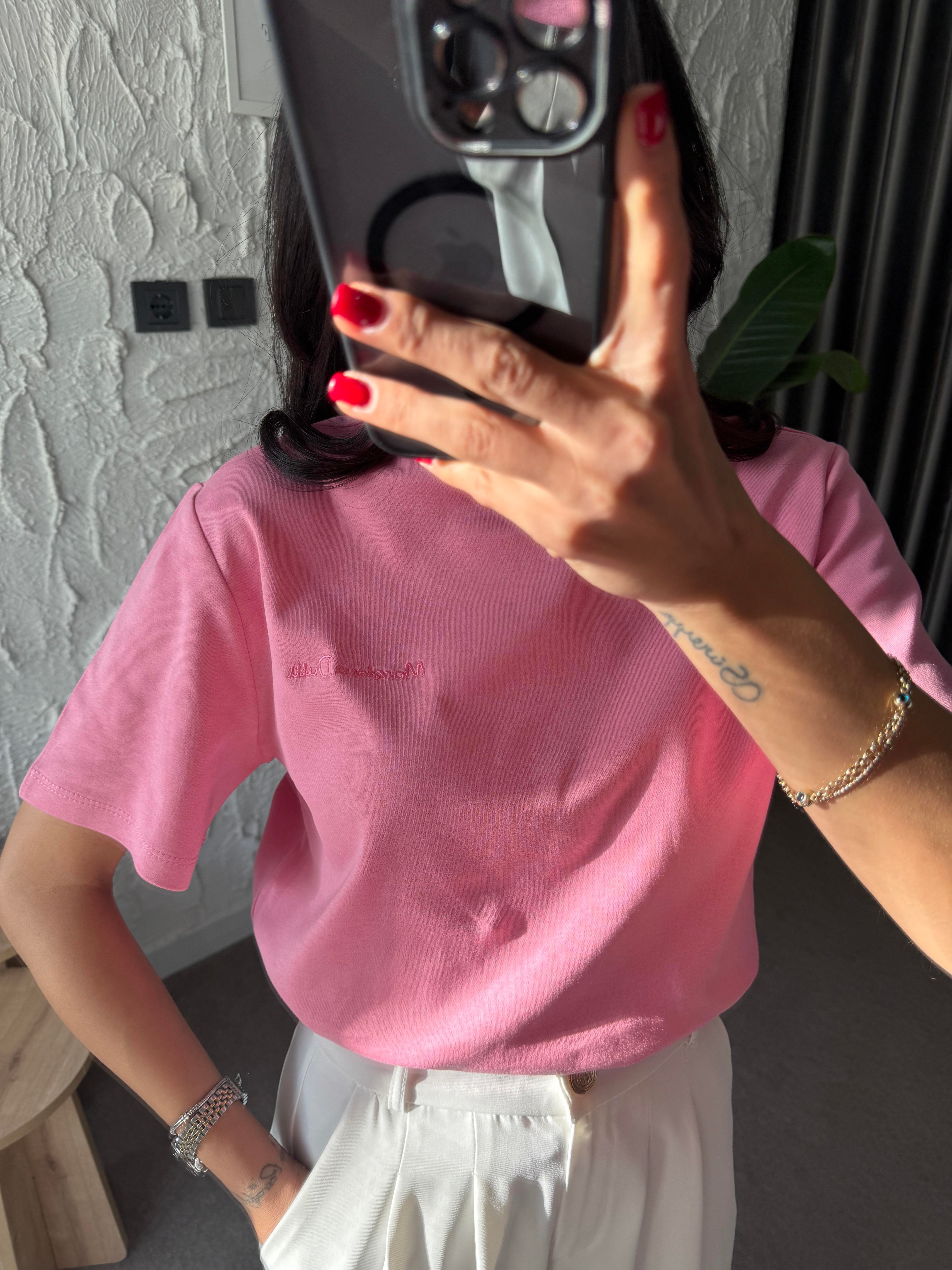Logo İşlemeli Pembe Basic Tshirt