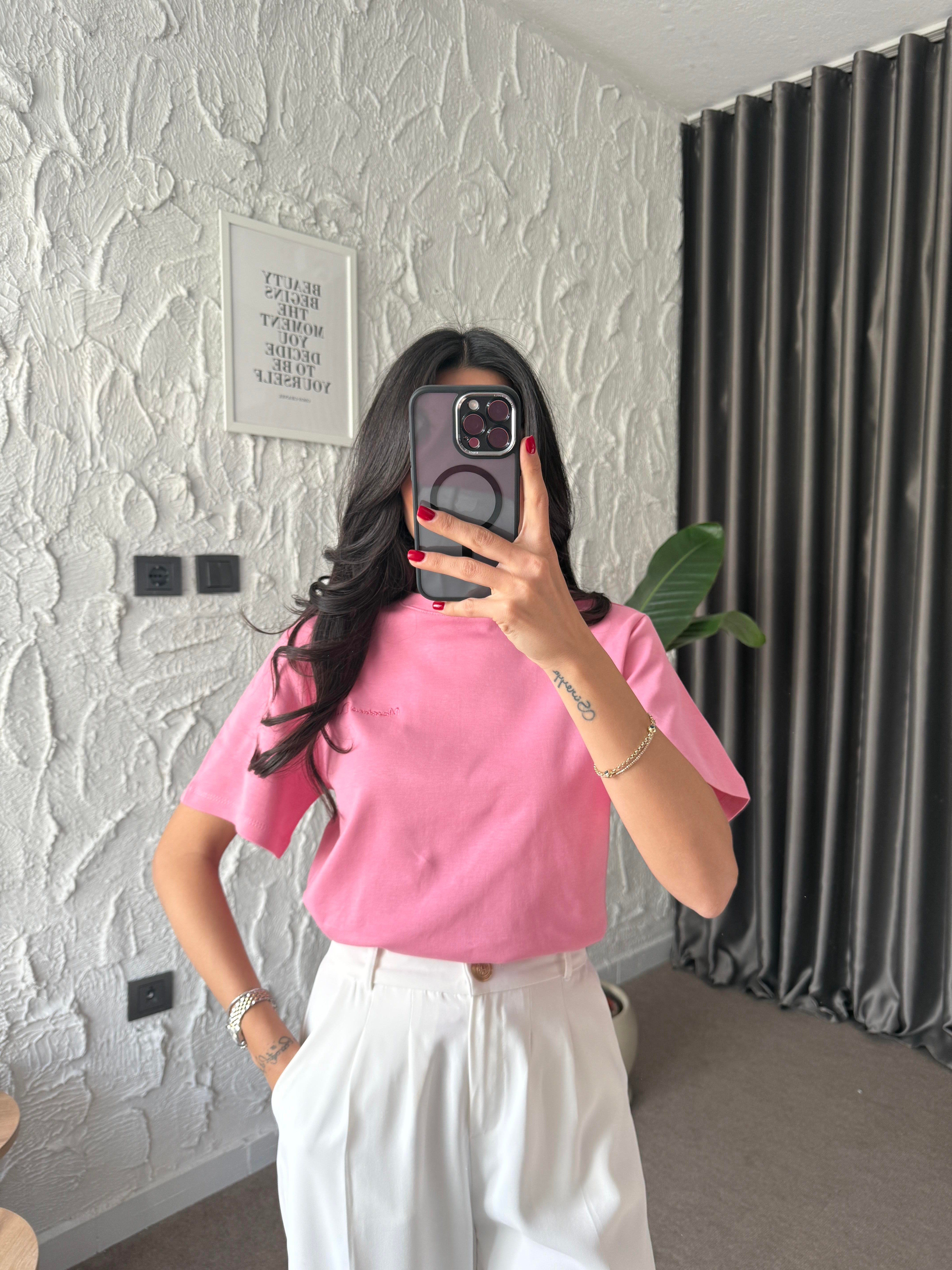 Logo İşlemeli Pembe Basic Tshirt