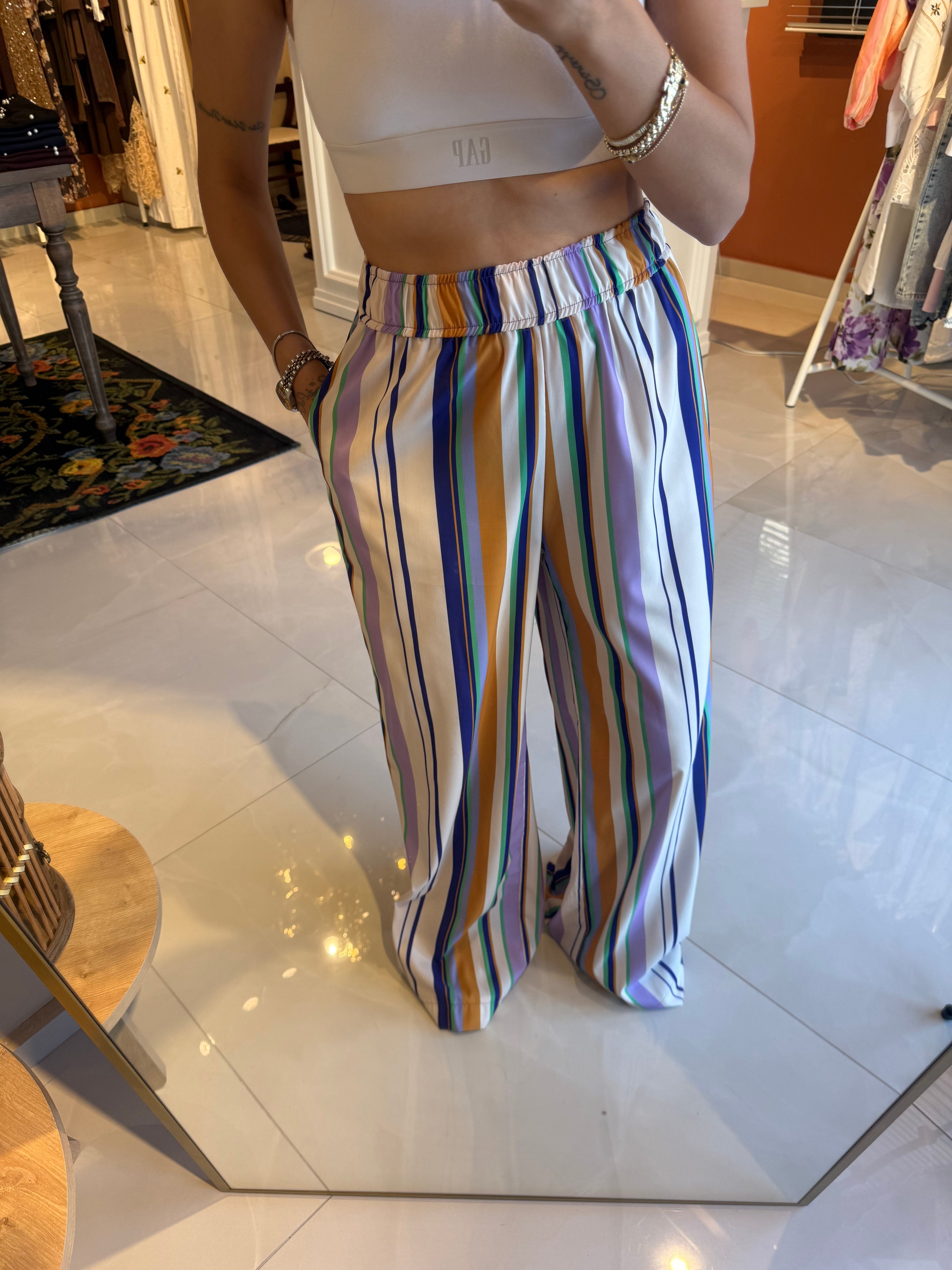 Mavi Beli Lastikli Çizgili Pantolon