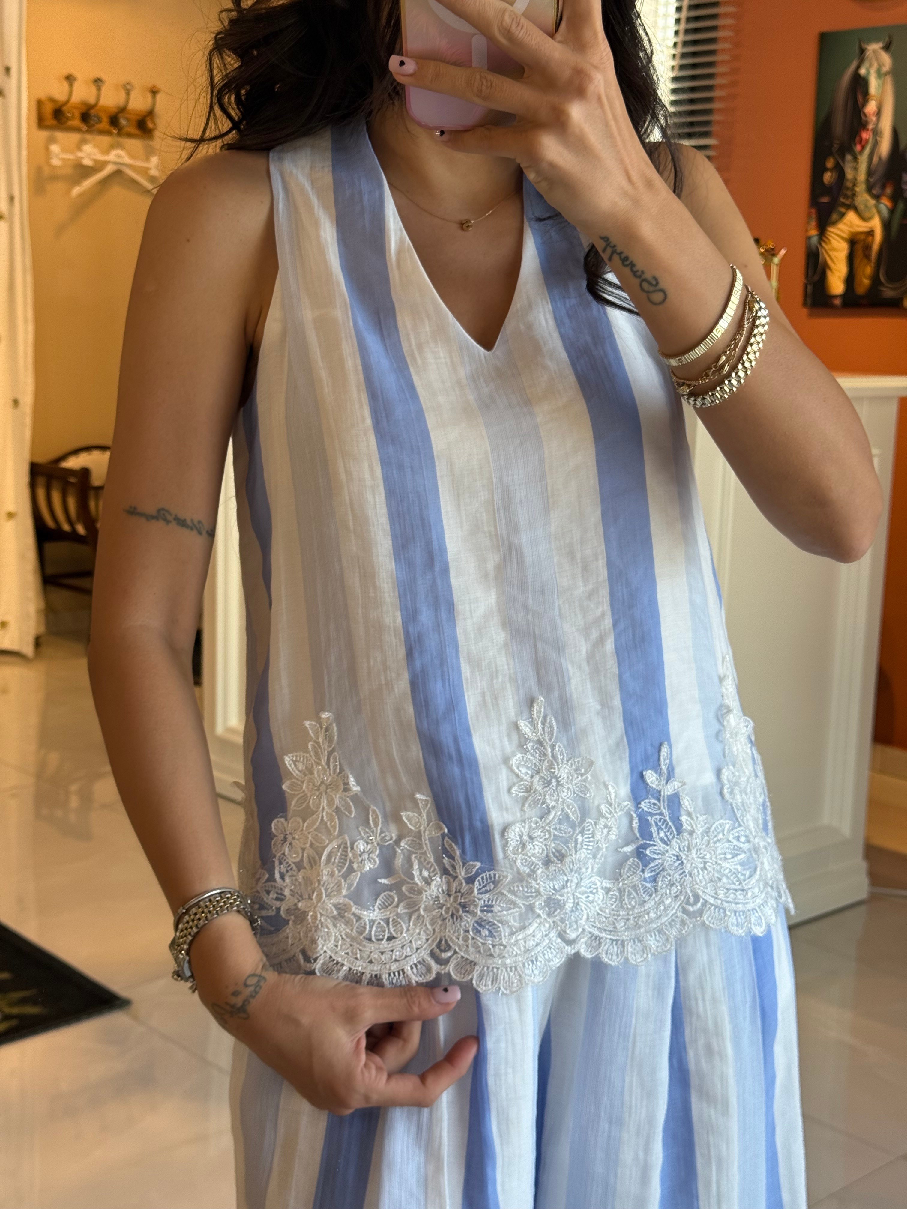 Mavi Çizgili Dantelli Bluz ve Pantolon Takım