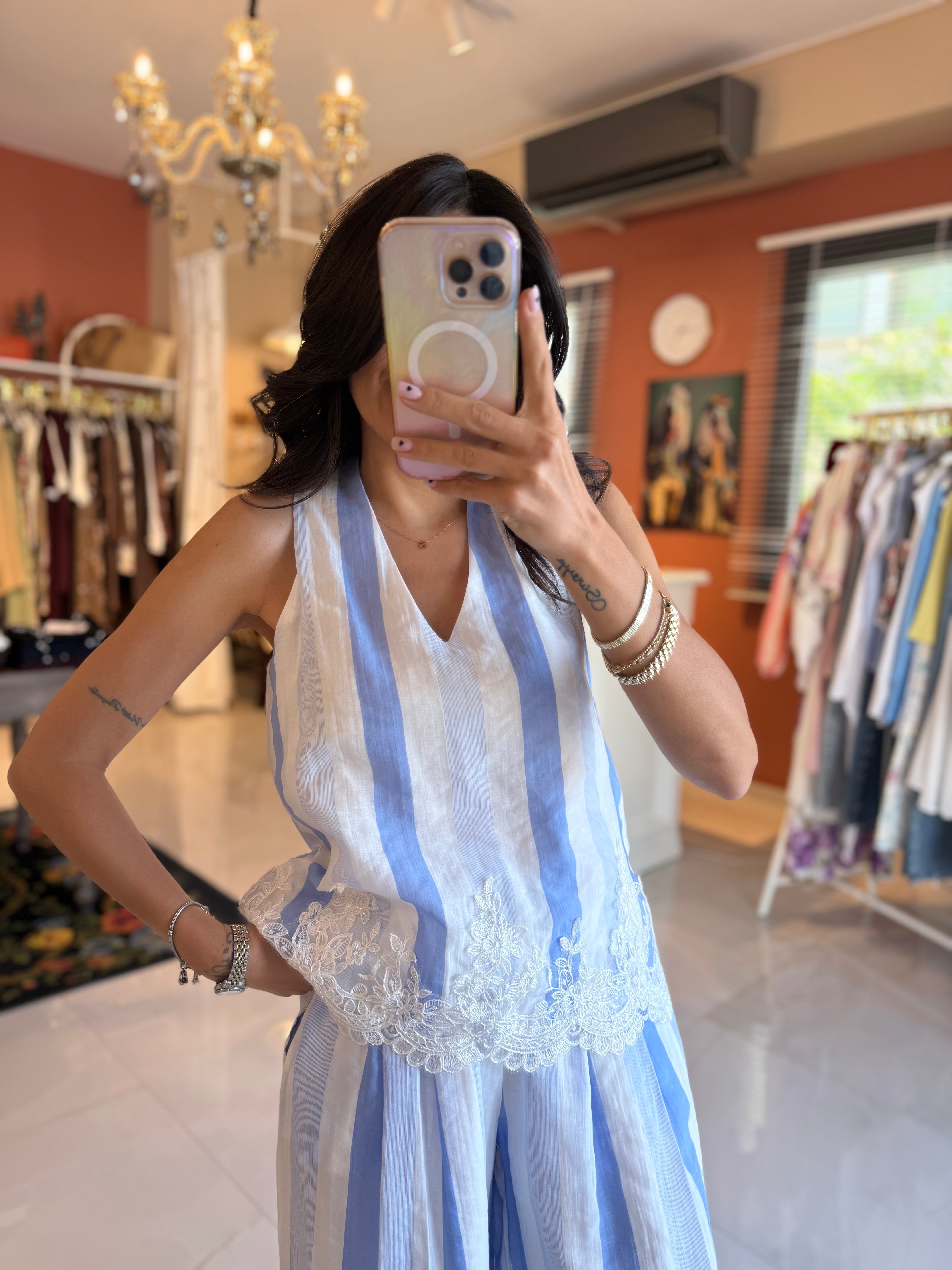 Mavi Çizgili Dantelli Bluz ve Pantolon Takım