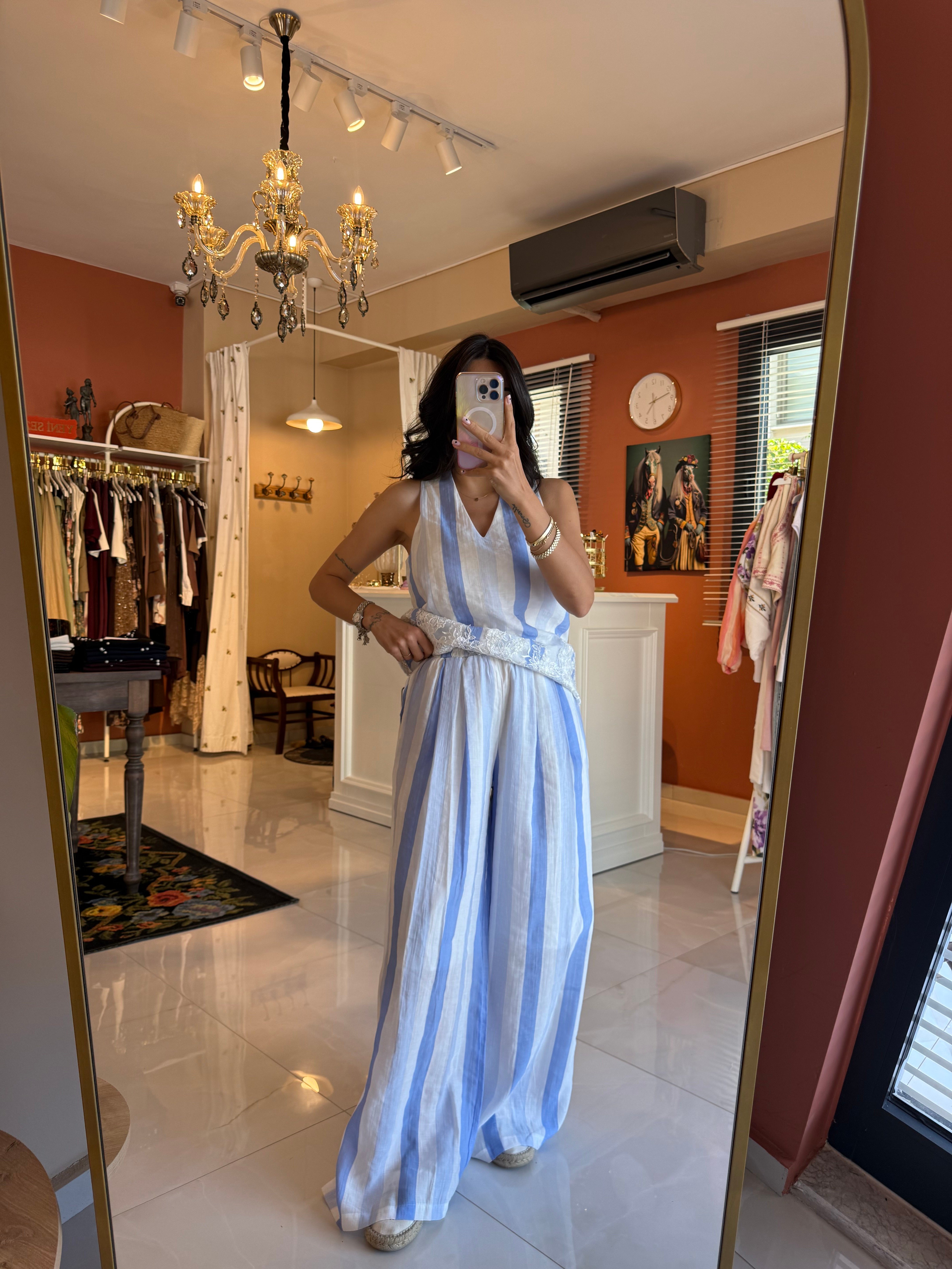 Mavi Çizgili Dantelli Bluz ve Pantolon Takım