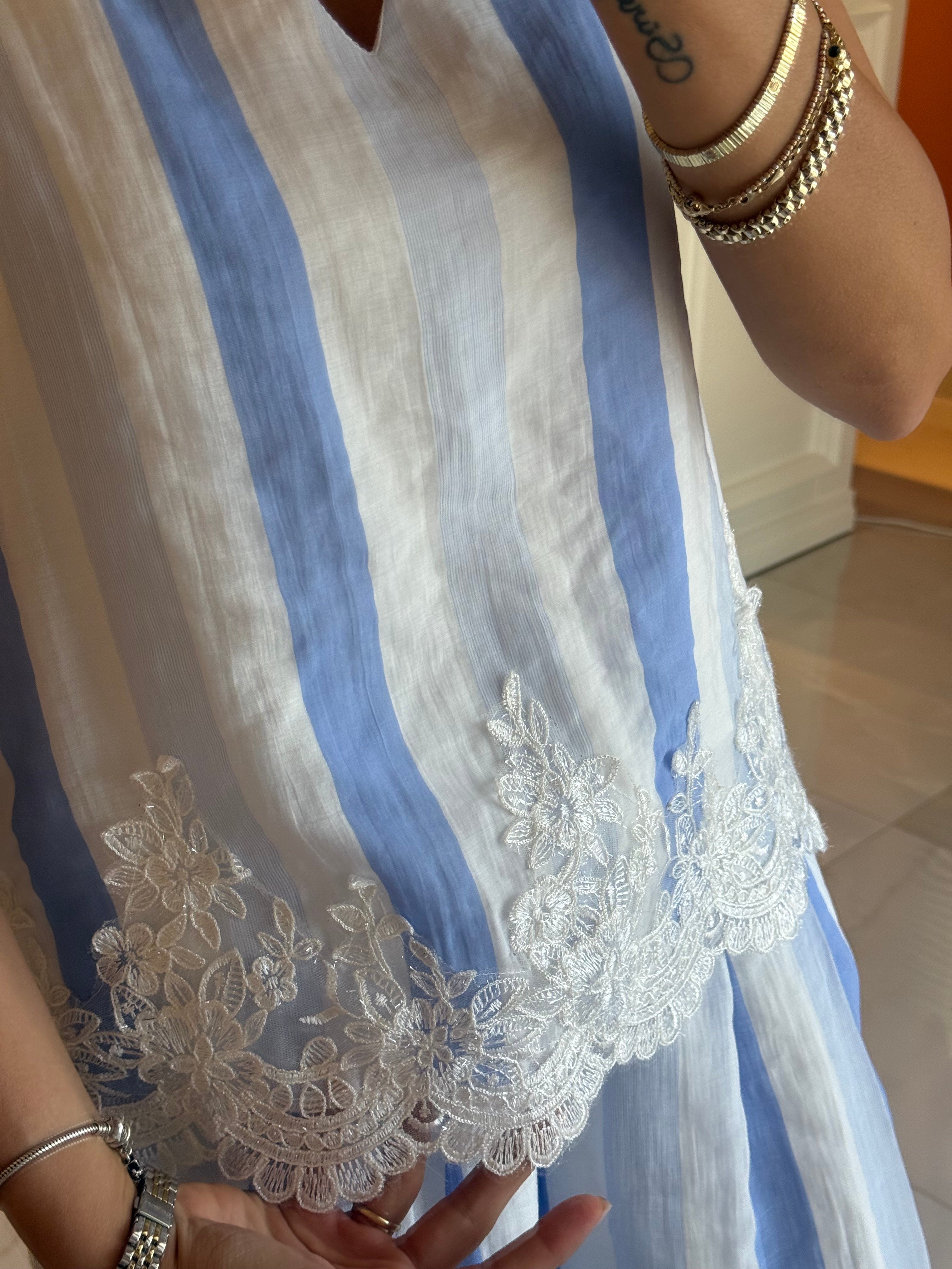 Mavi Çizgili Dantelli Bluz ve Pantolon Takım