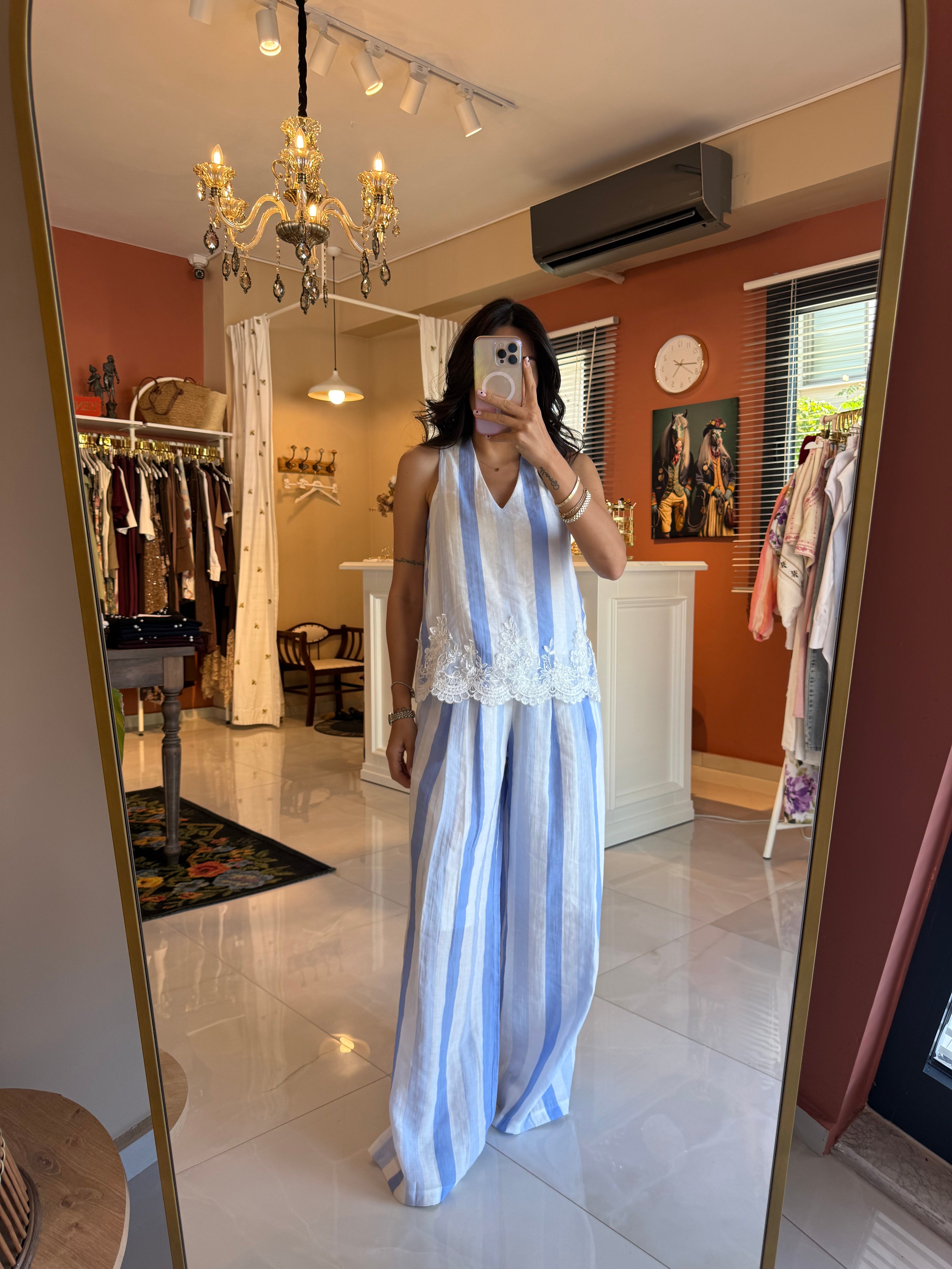 Mavi Çizgili Dantelli Bluz ve Pantolon Takım