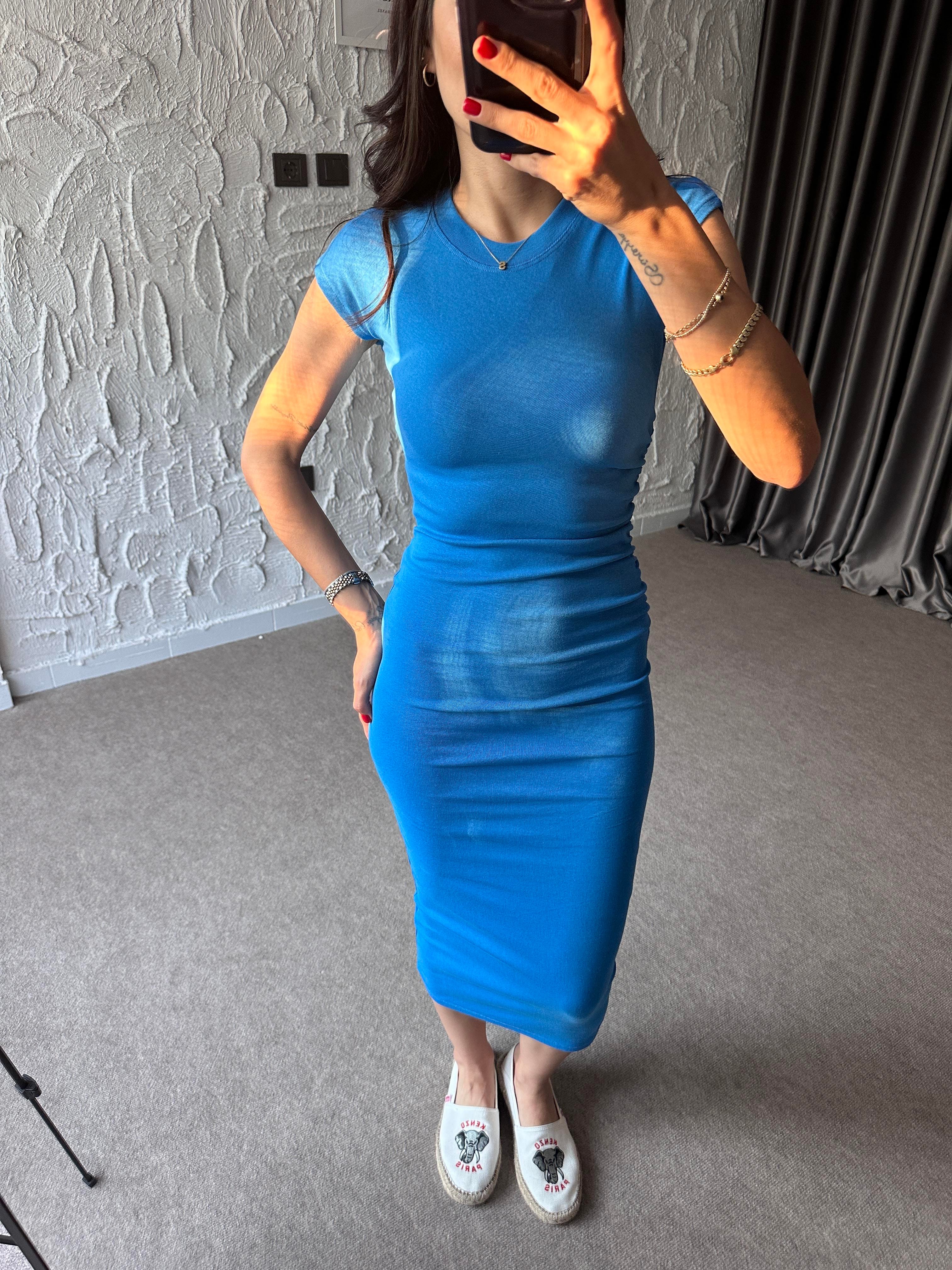 Mavi Drape Detaylı Basic Elbise