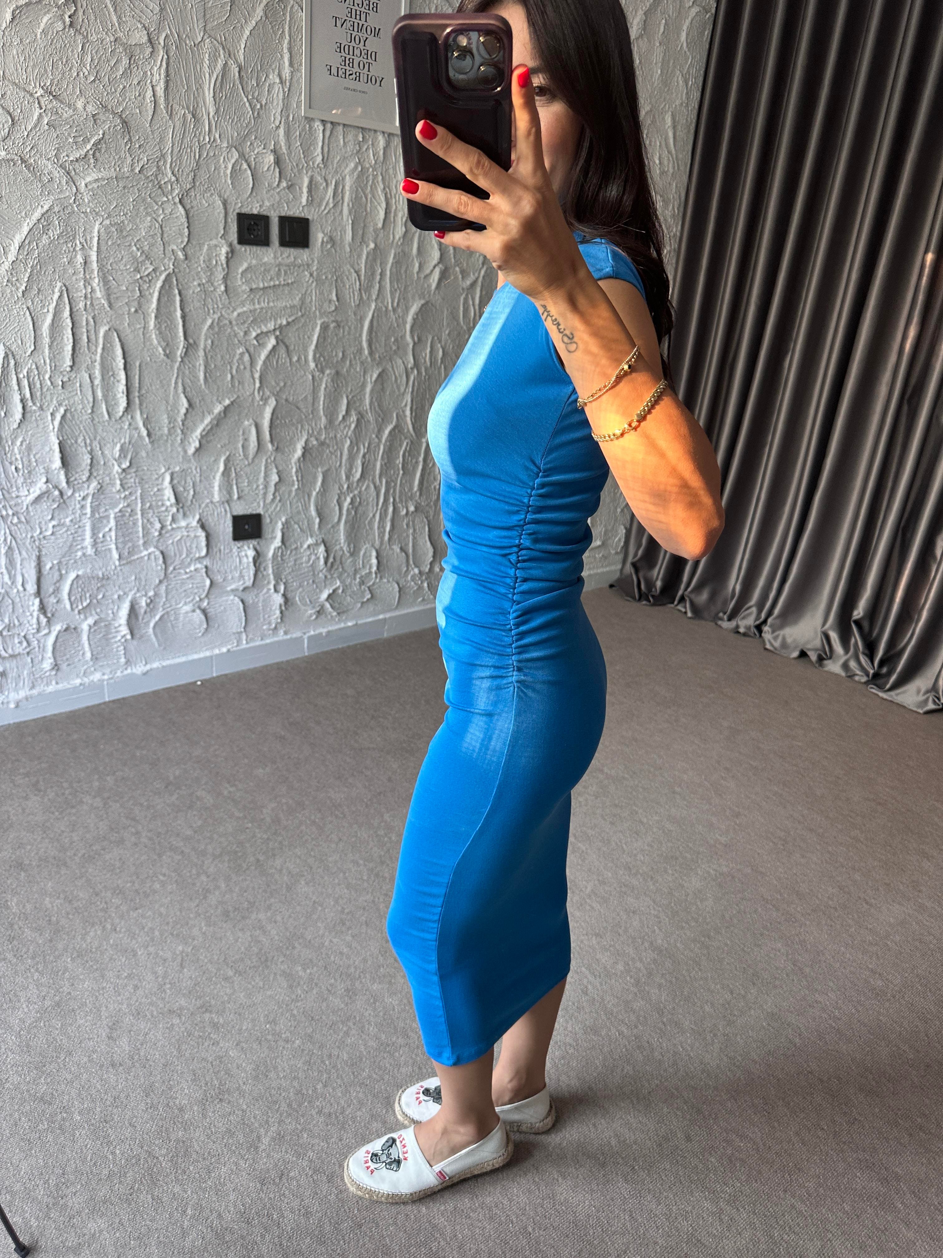 Mavi Drape Detaylı Basic Elbise