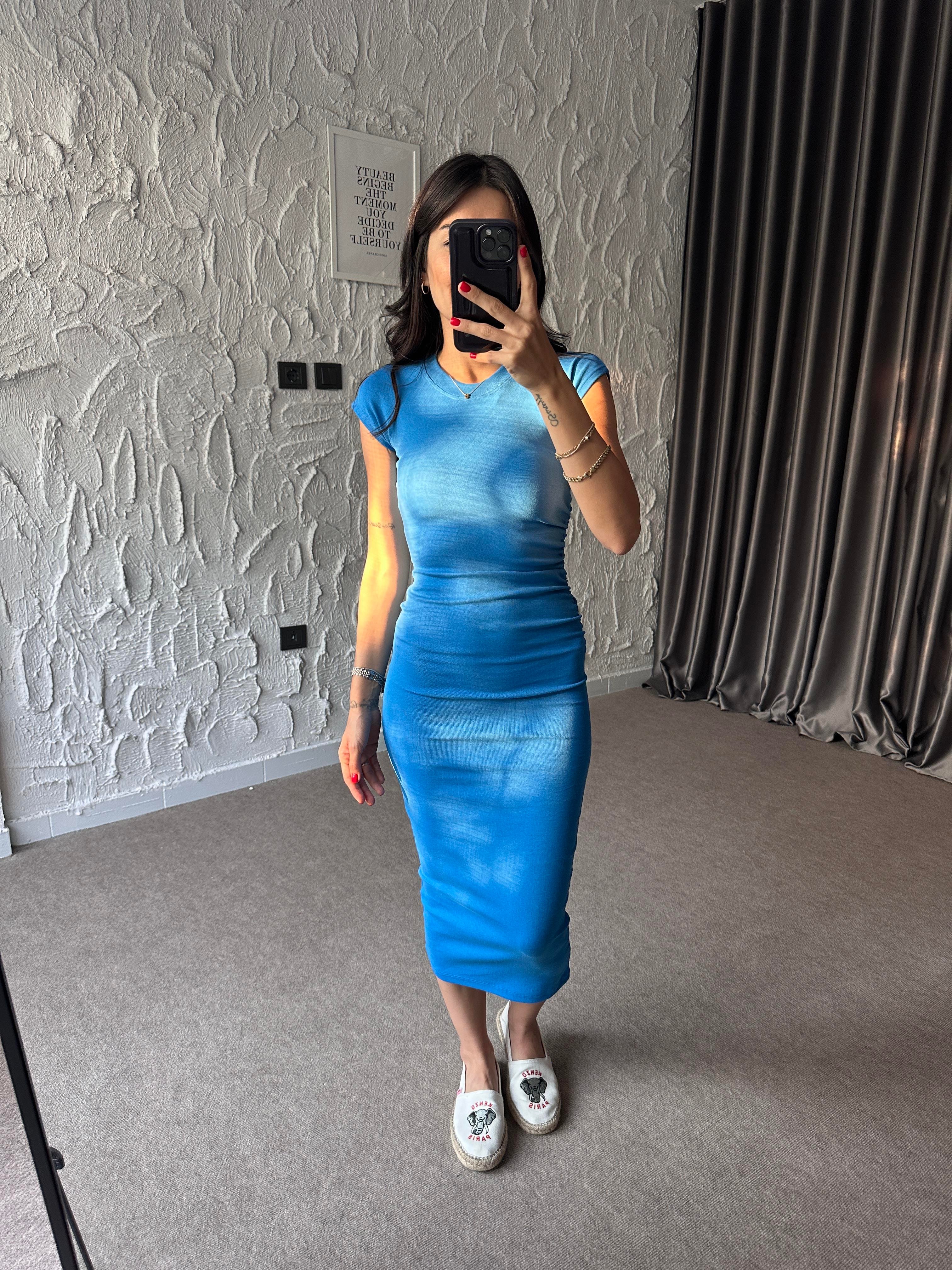 Mavi Drape Detaylı Basic Elbise