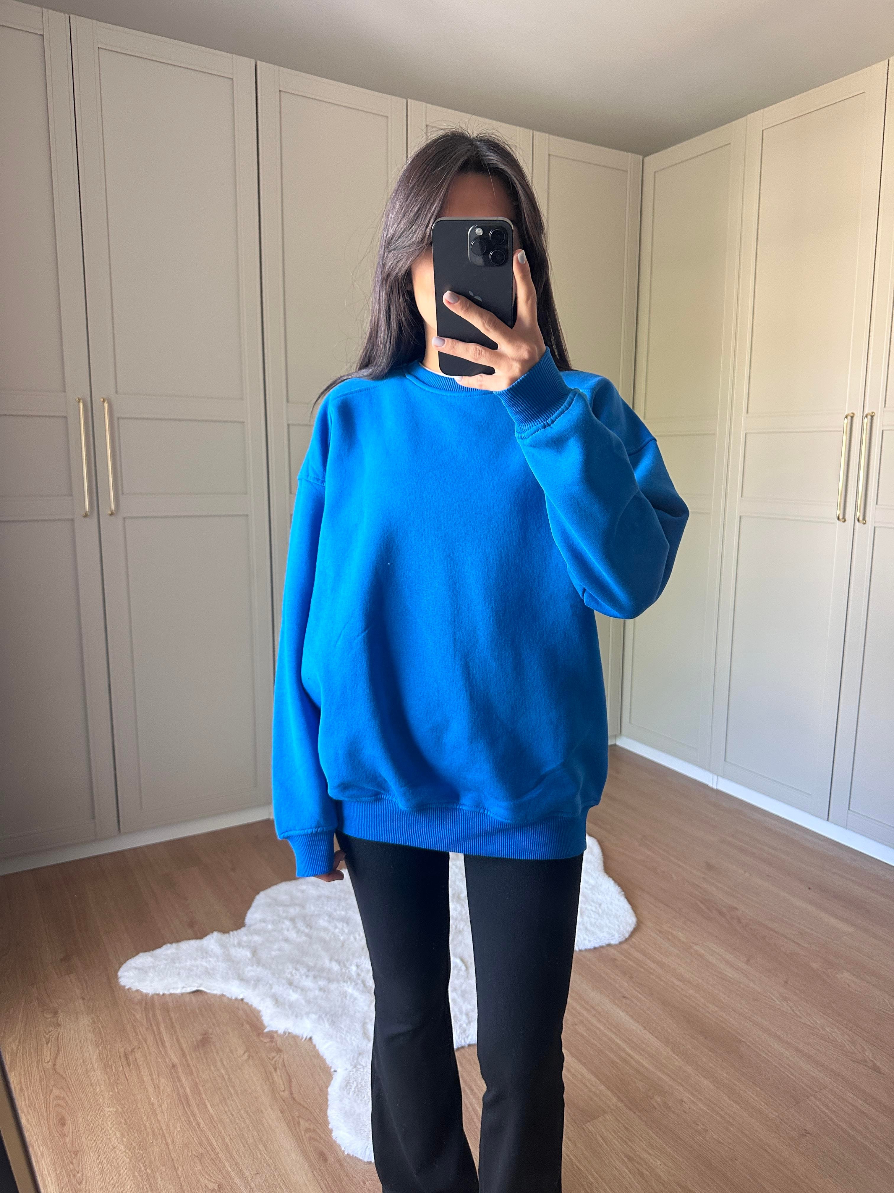 Mavi Şardonlu Oversize Sweatshirt