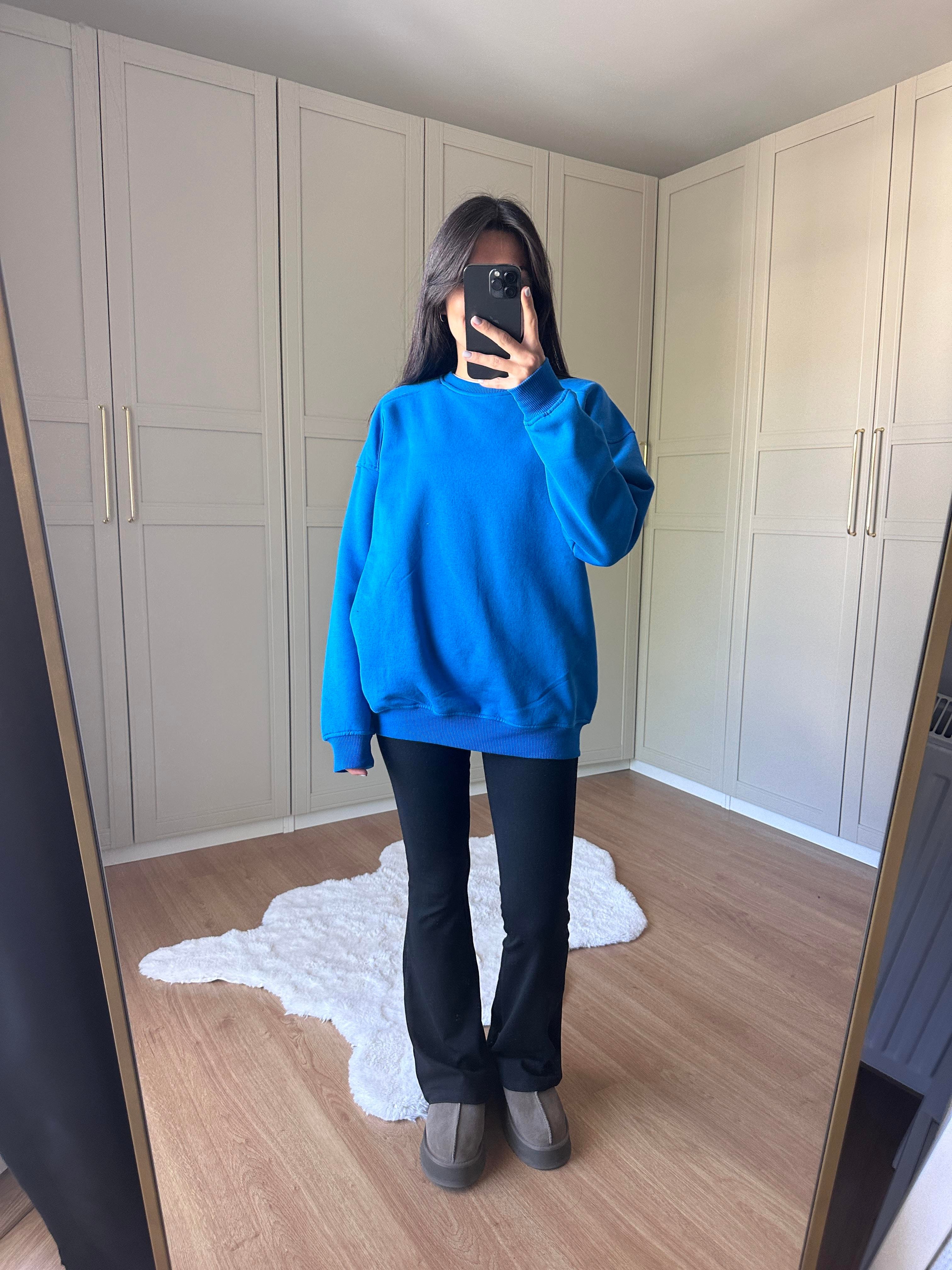 Mavi Şardonlu Oversize Sweatshirt