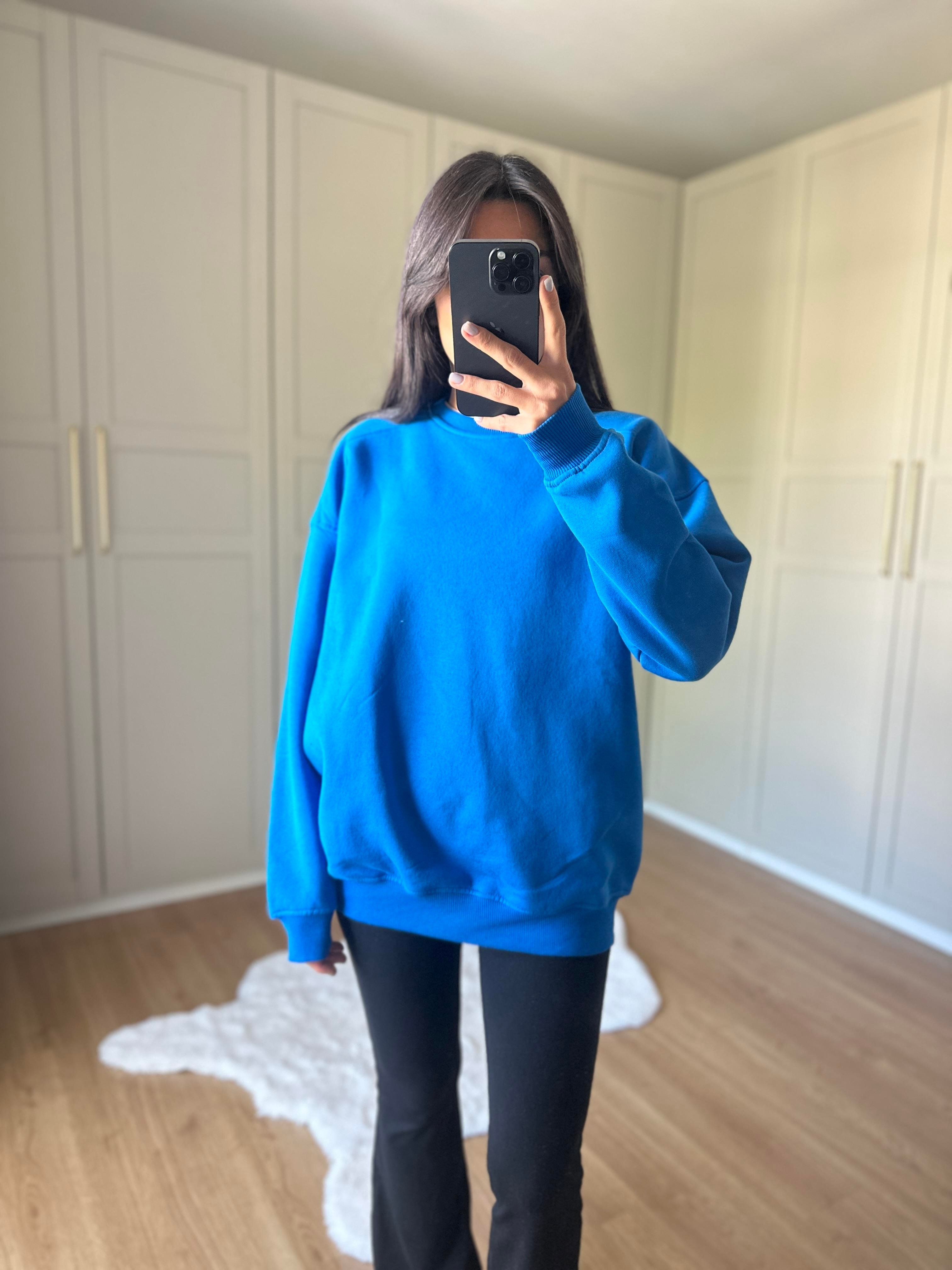 Mavi Şardonlu Oversize Sweatshirt
