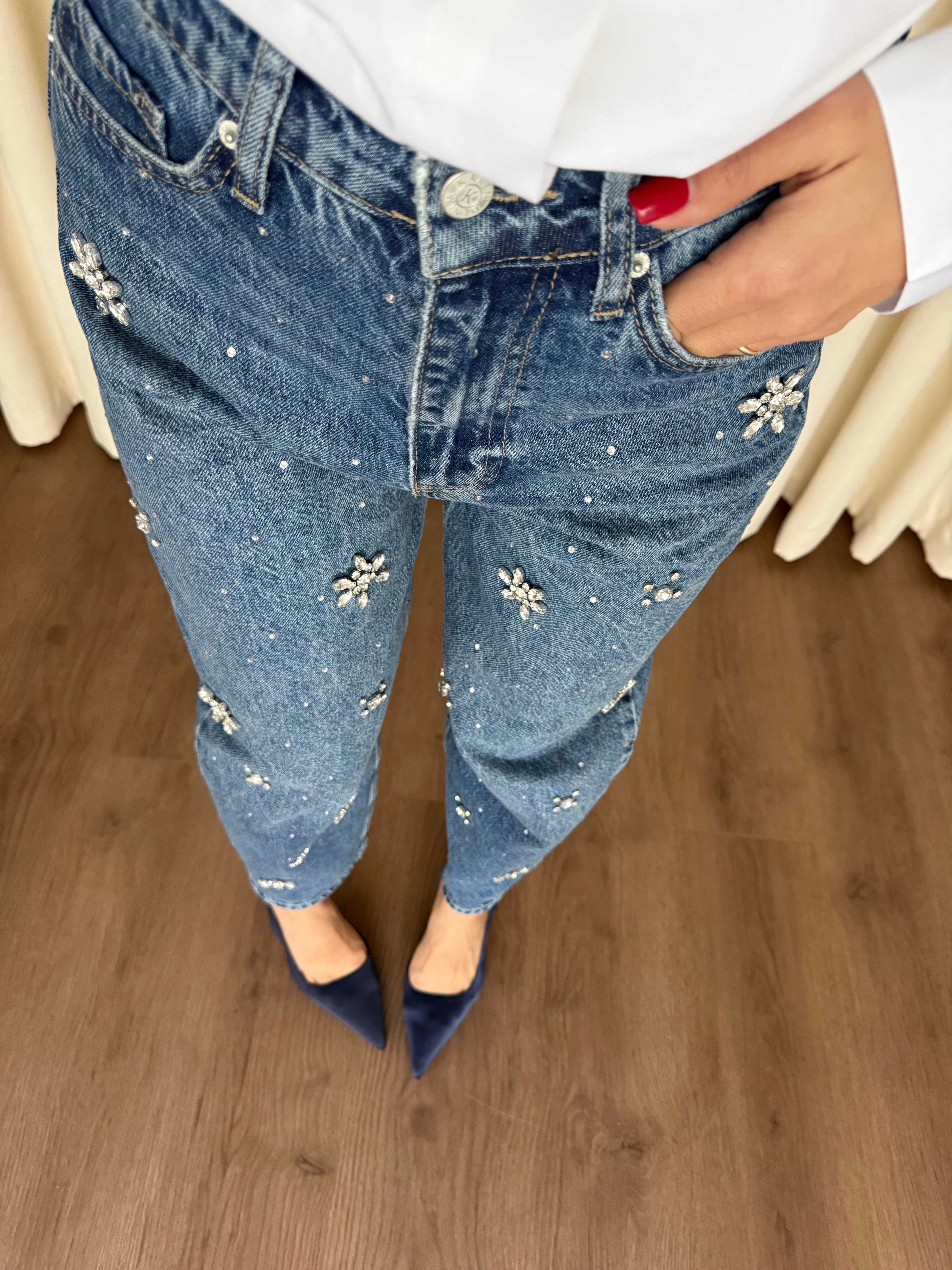 Mavi Taşlı Ballon Fit Jean