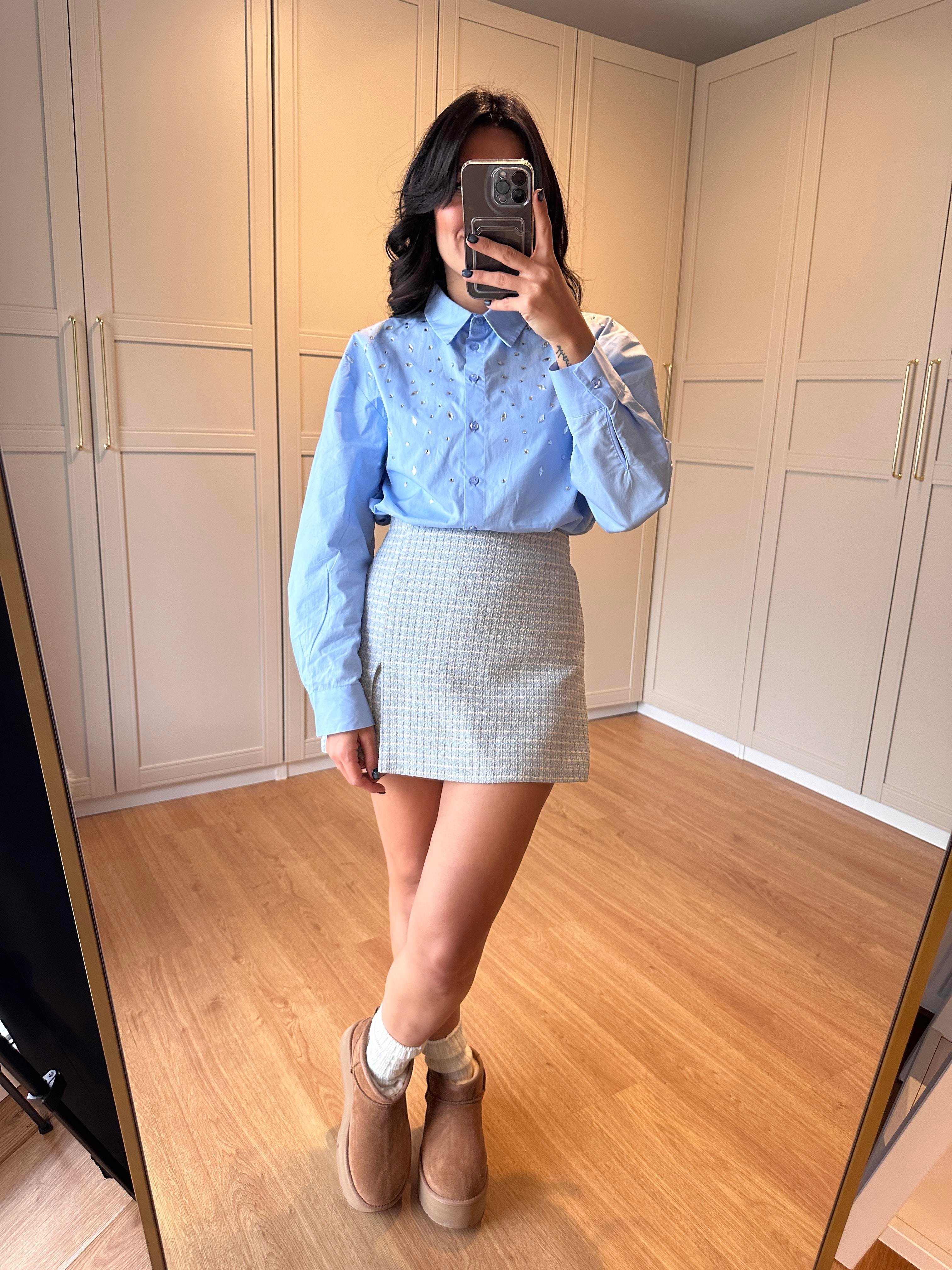 Mavi Tüvit Yırtmaçlı Şort Etek