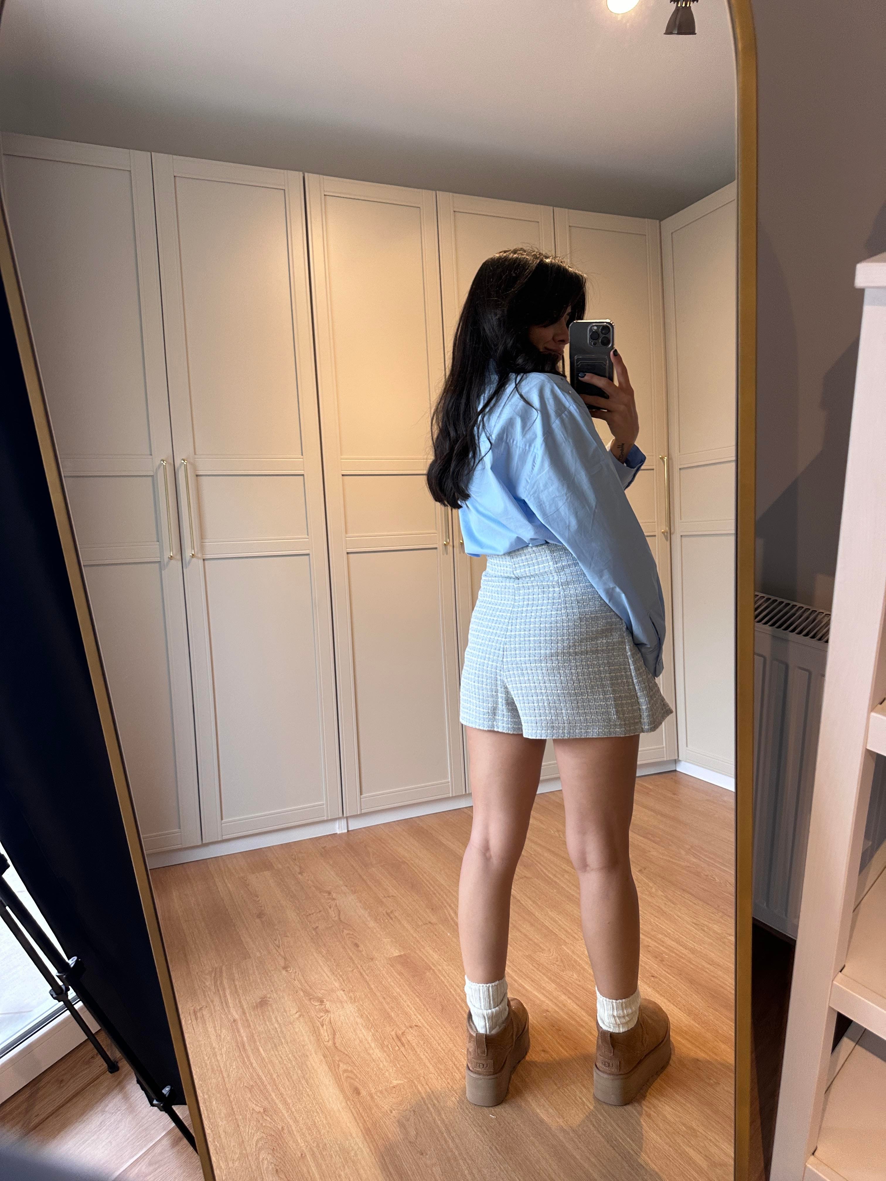 Mavi Tüvit Yırtmaçlı Şort Etek