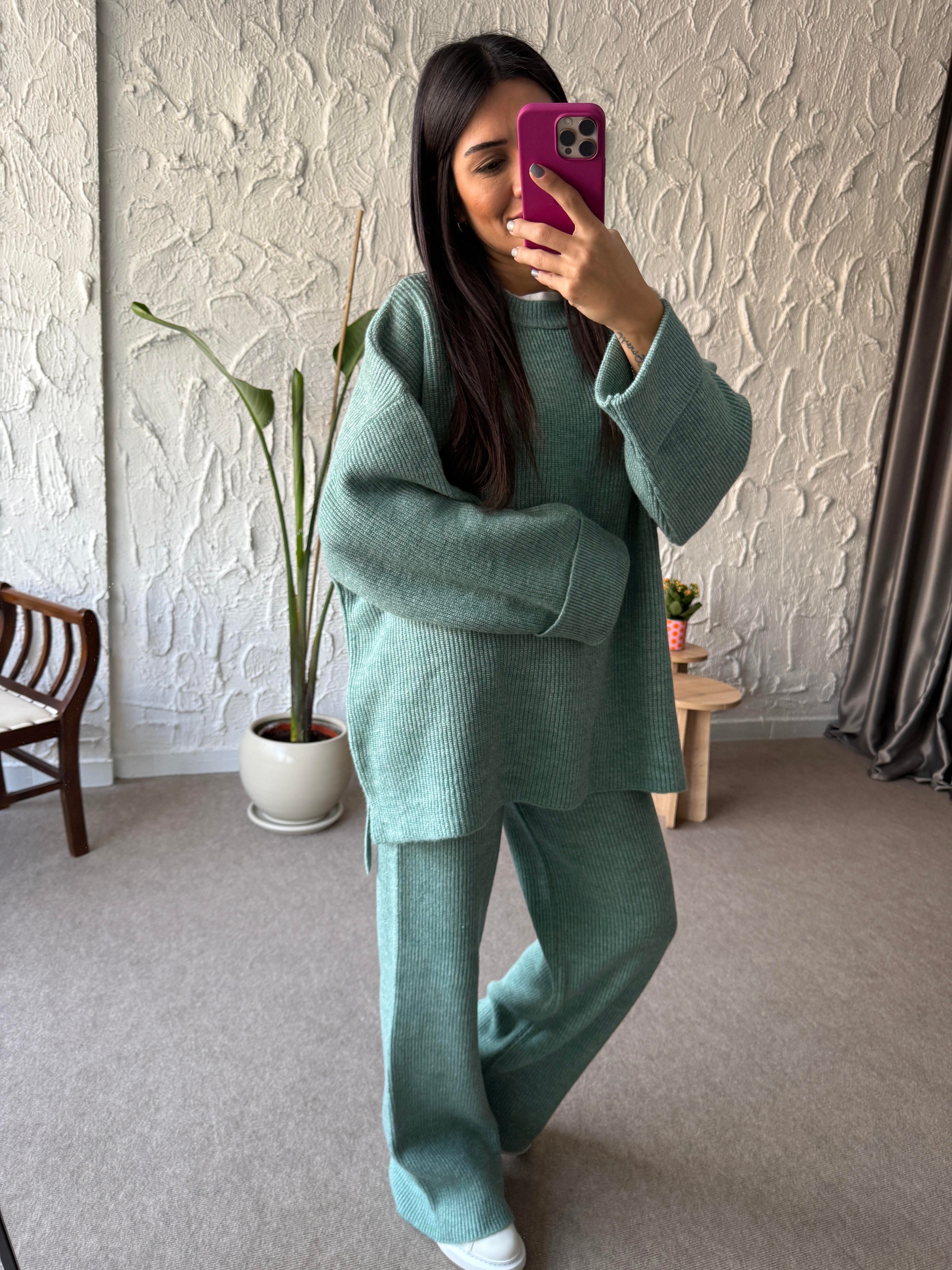 Mint Yeşili Double Kol Triko Takım