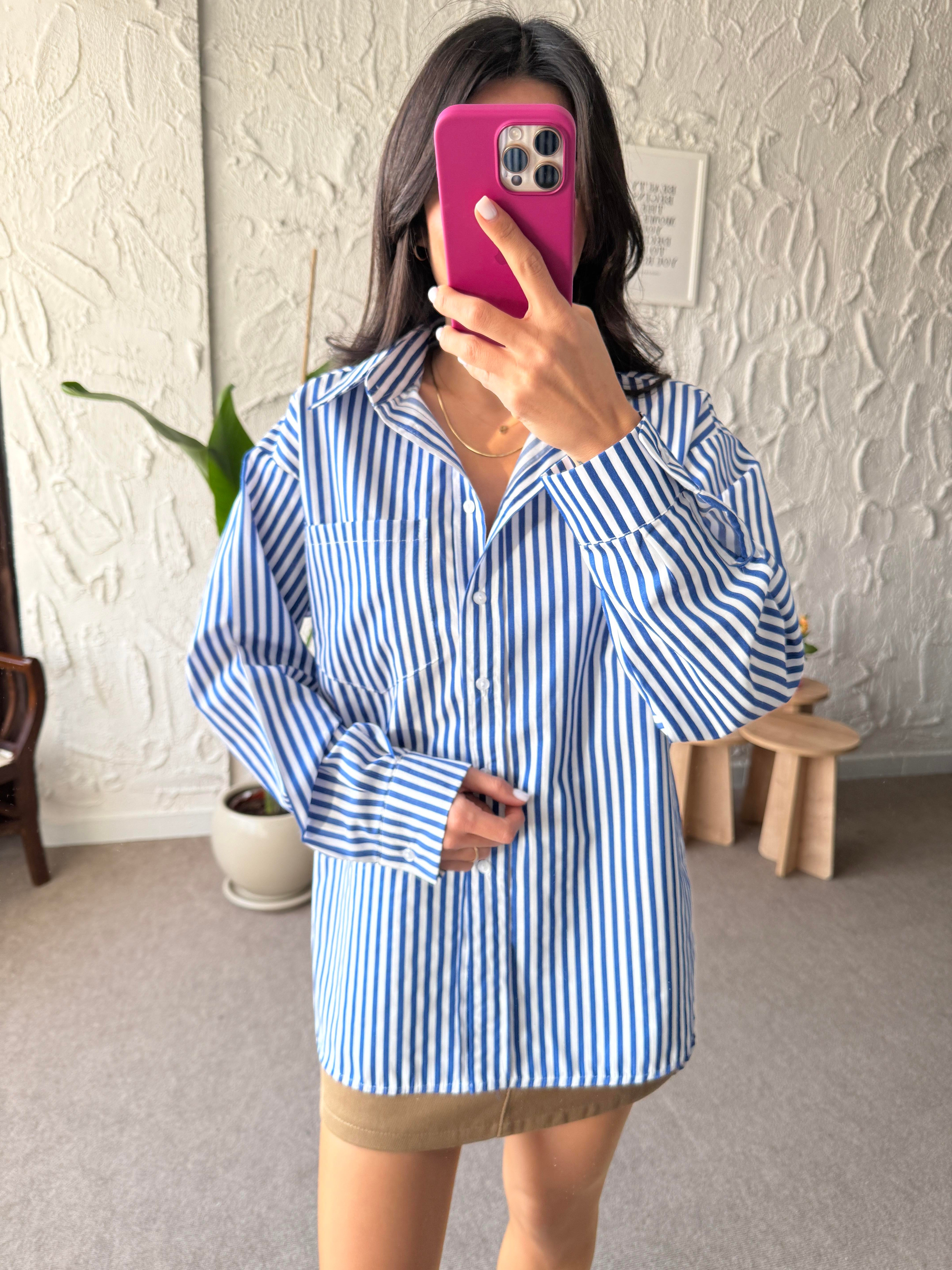 Oversize Tek Cepli Çizgili Mavi Gömlek