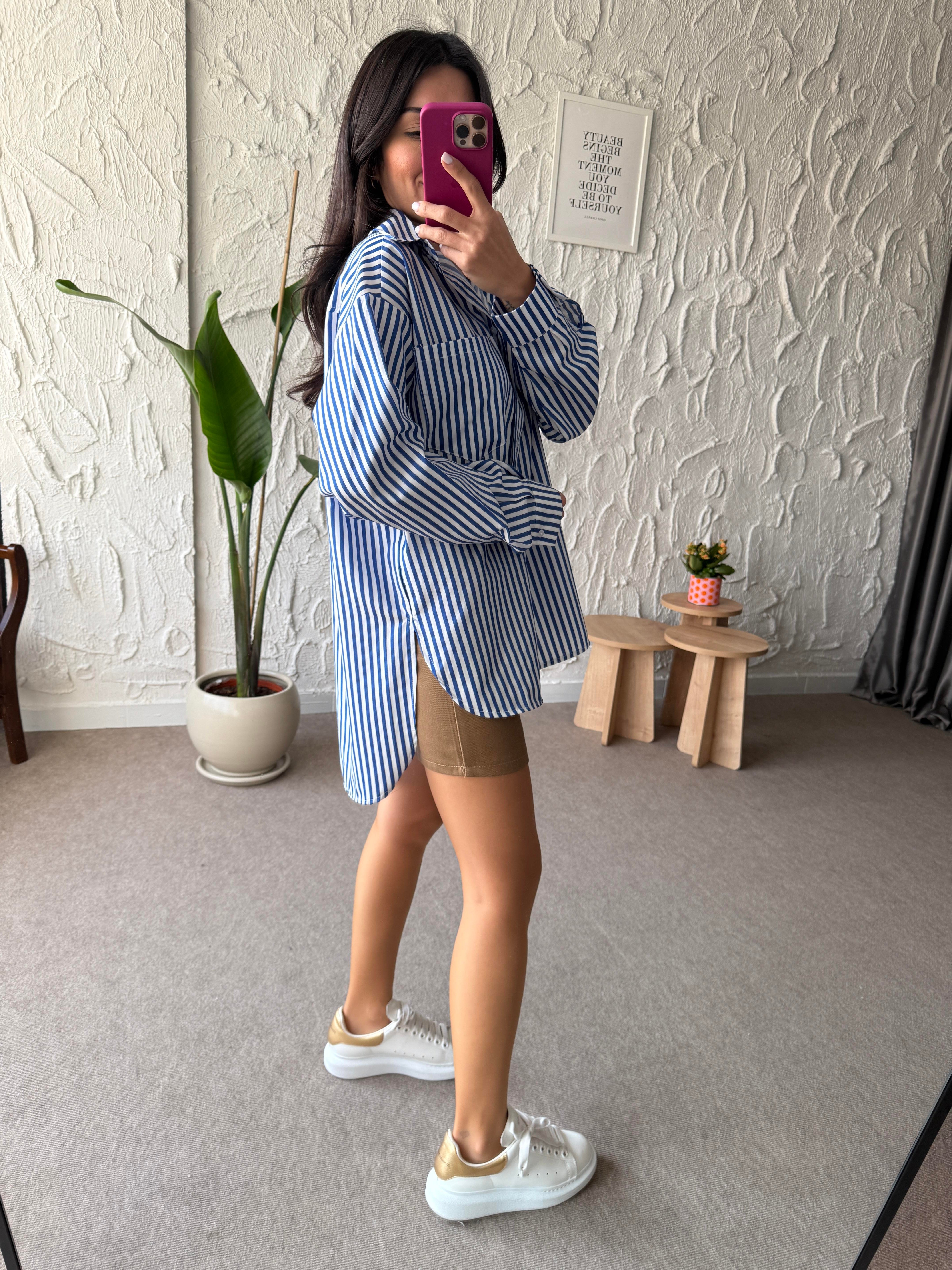 Oversize Tek Cepli Çizgili Mavi Gömlek